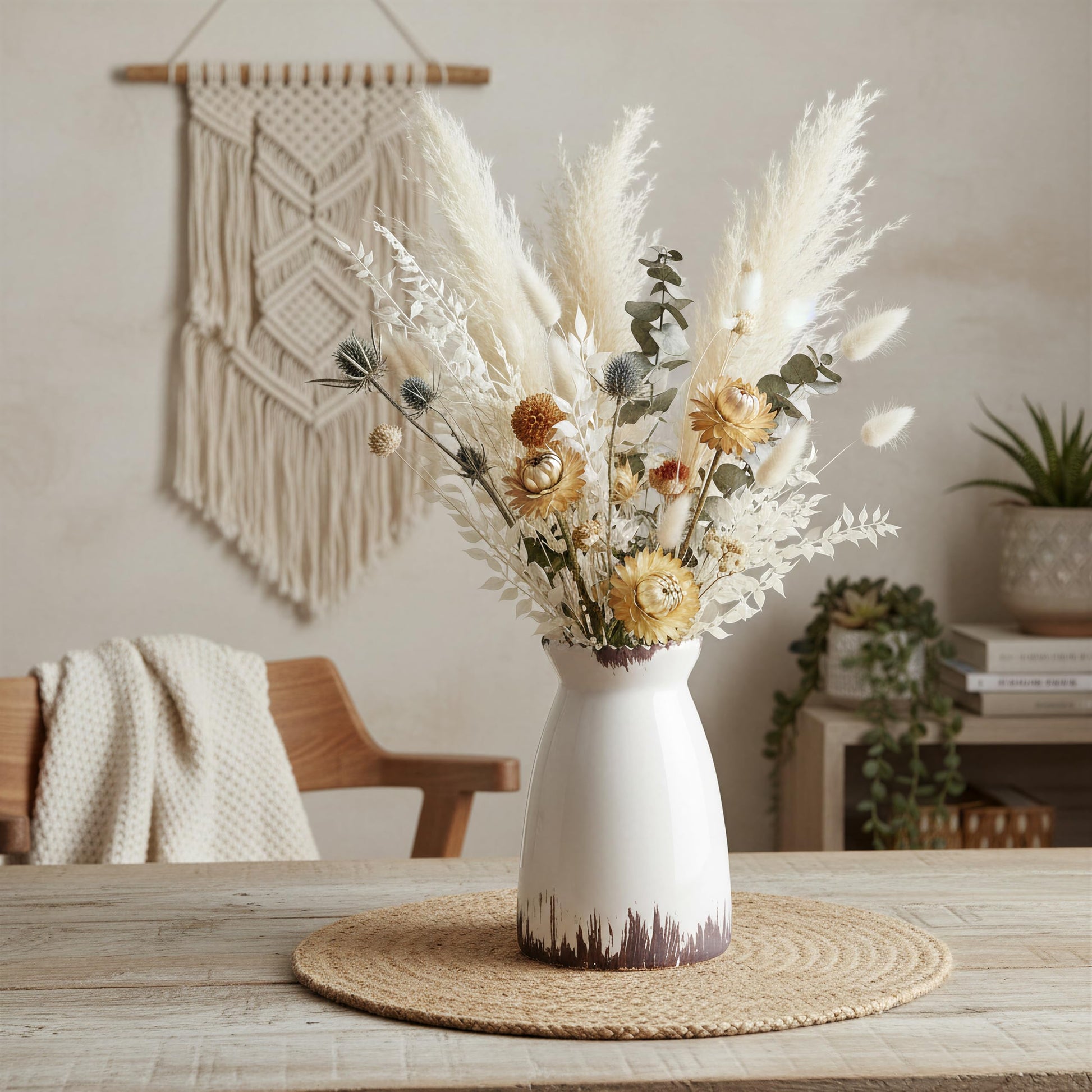 Decorative vase with dried flowers on a table in a home setting