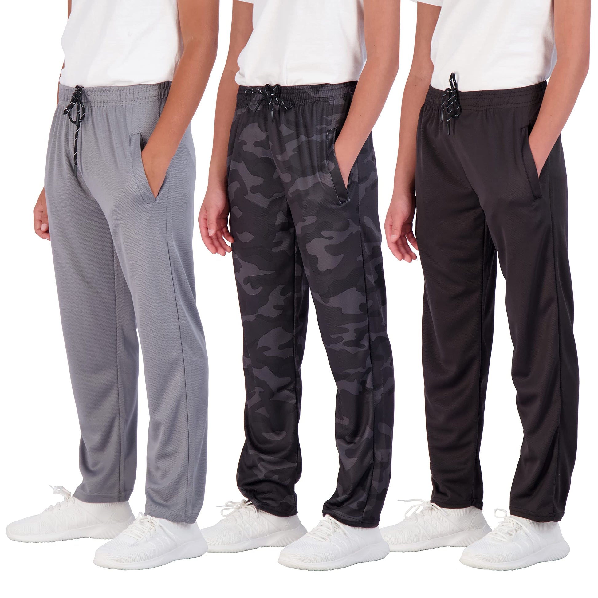 Real Essentials 3 Pack: Boys' Mesh Open Bottom Active Sweatpants with Pockets