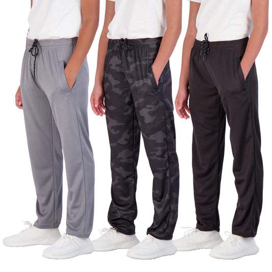 Real Essentials 3 Pack: Boys' Mesh Open Bottom Active Sweatpants with Pockets