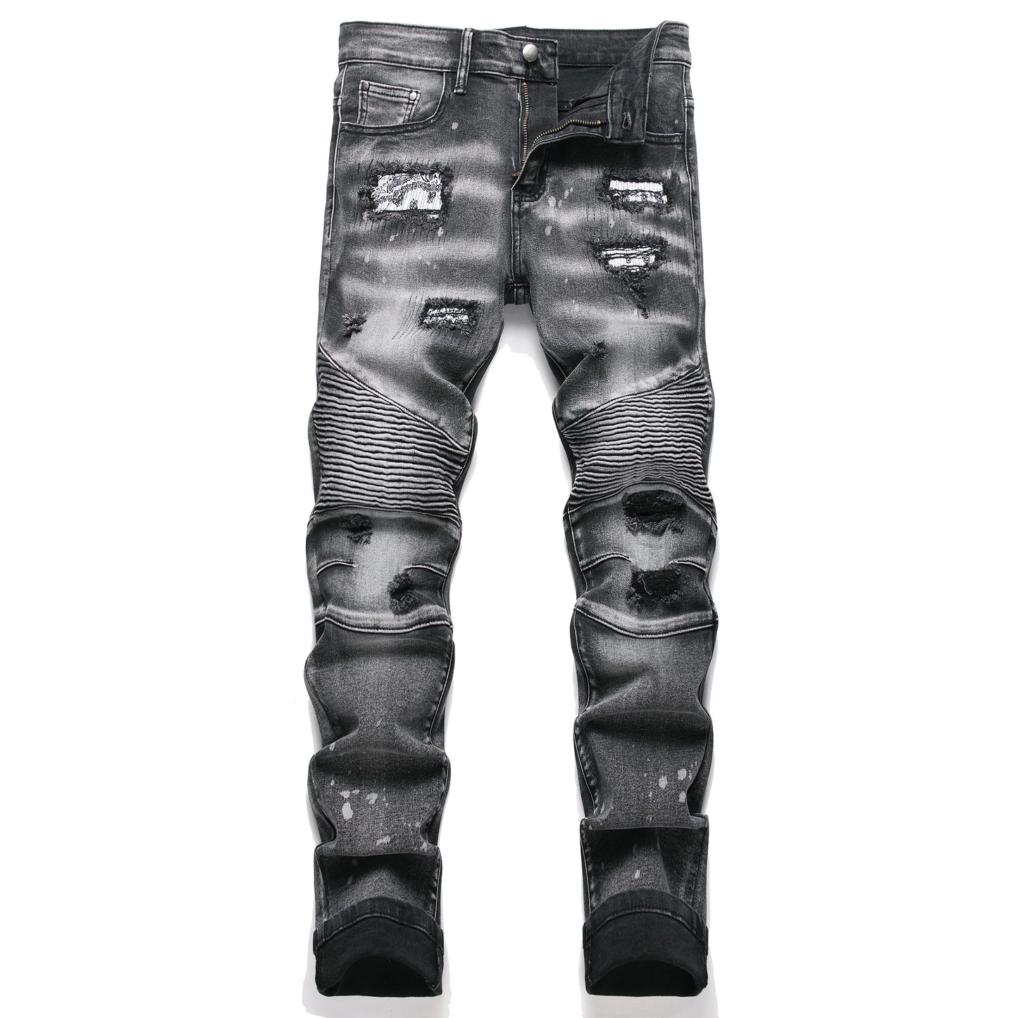 AITITIA Men's Biker Zipper Deco Washed Straight Fit Jeans (40, 002 Light Blue)