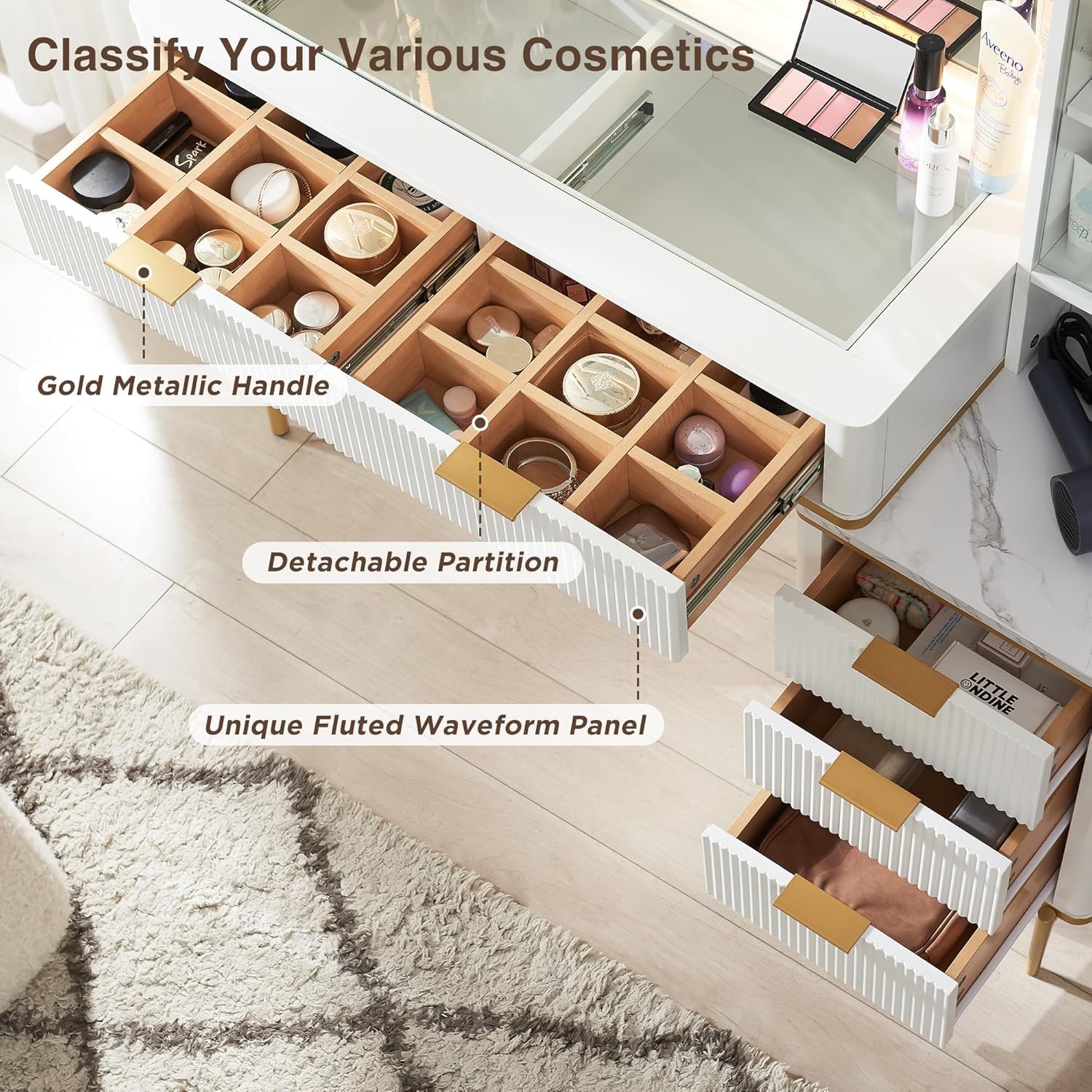 Makeup drawer with compartments and cosmetic products on a light wooden floor.