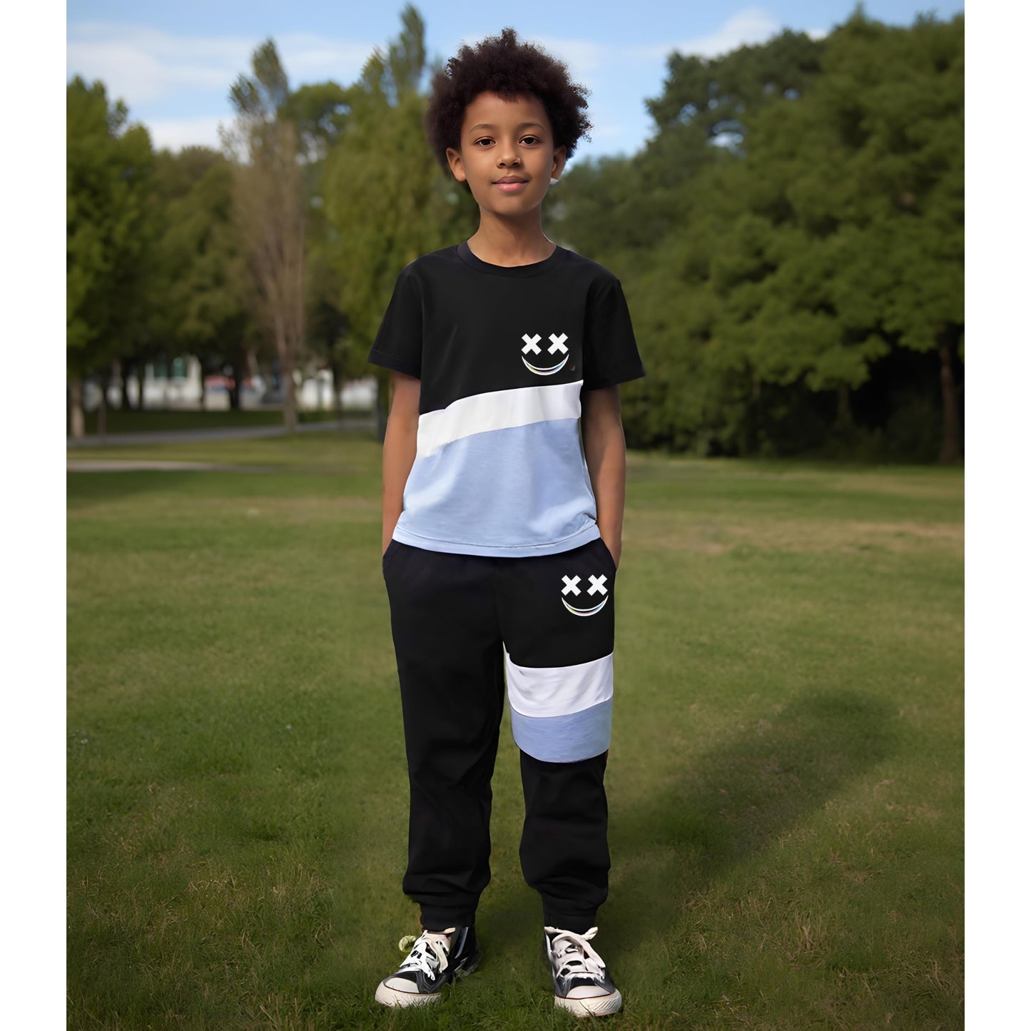 Child wearing a black and white outfit with smiley face designs outdoors on grass