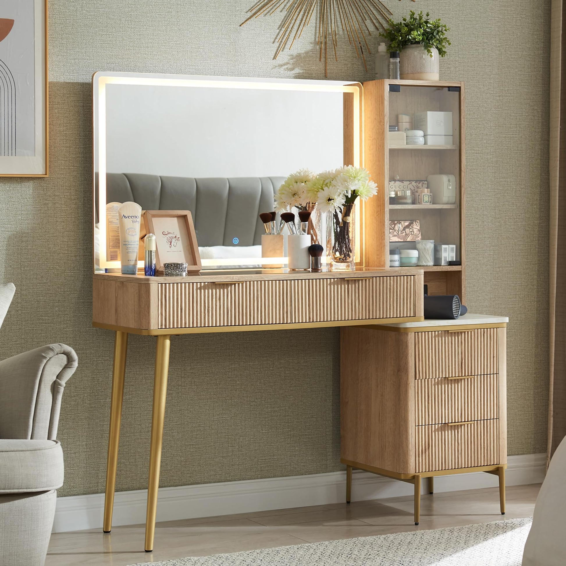 Cosmetic organizer with embedded tempered glass tabletop displaying various items.