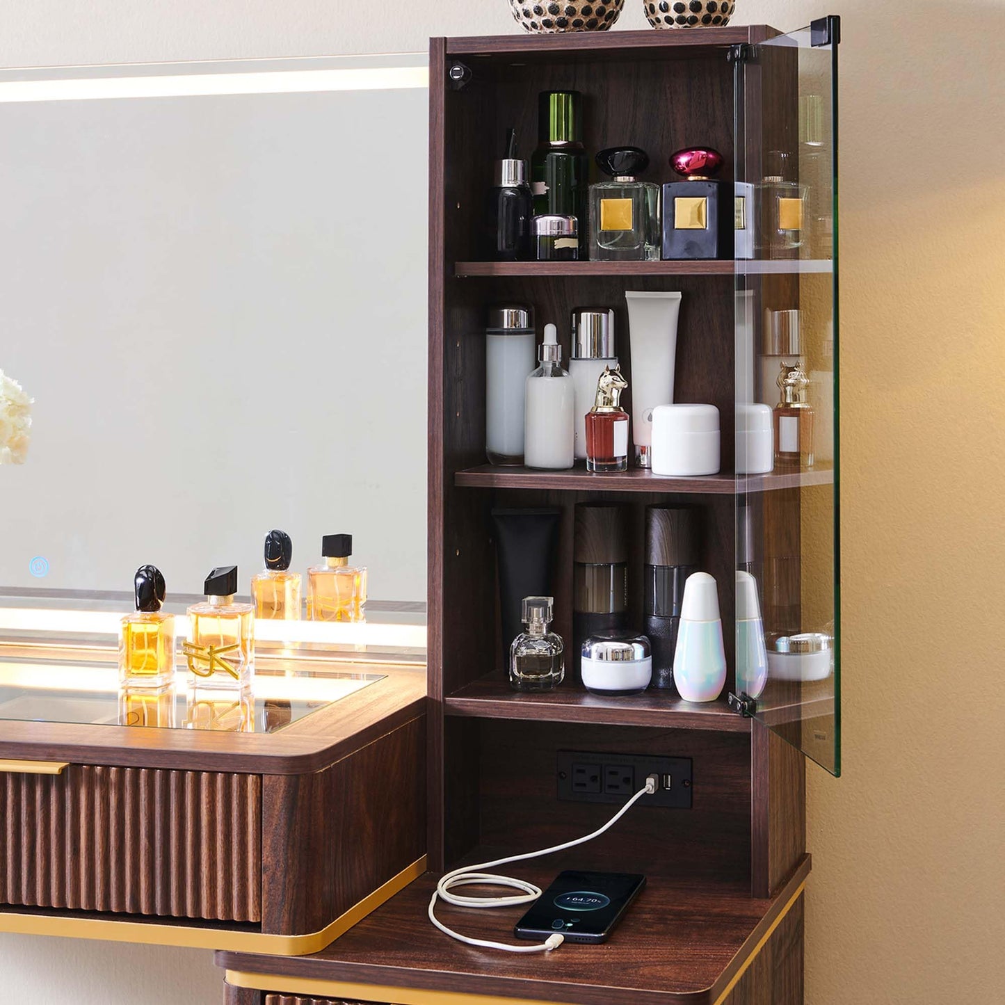 Cosmetic organizer with embedded tempered glass tabletop displaying various items.