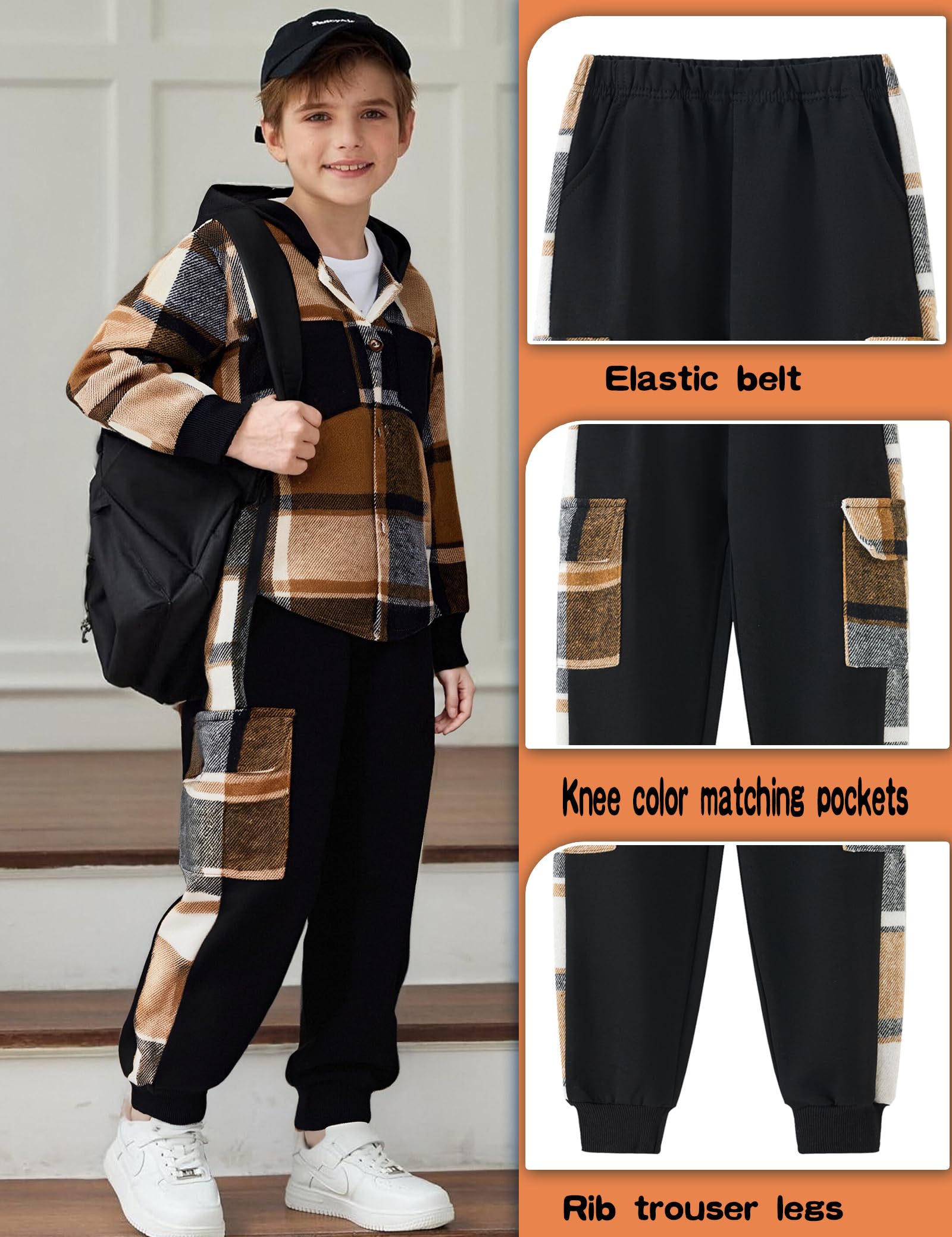 Auiopila Kids Toddler Boy Clothes Plaid Hooded Shirt White T-shirt Top and Solid Color Pants 3Pcs Winter Boys Outfits