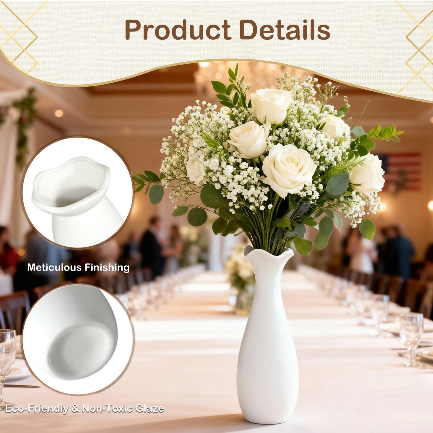 White vase with flowers on a table in a formal setting, with product details overlay.