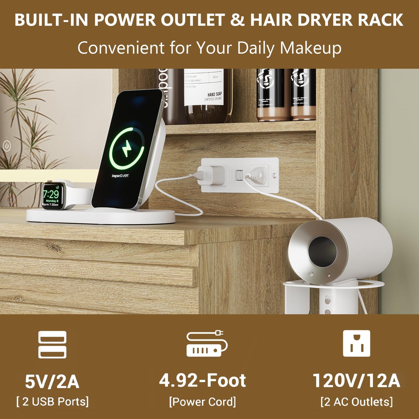 Makeup station with built-in power outlet and hair dryer rack, featuring a phone charging stand.