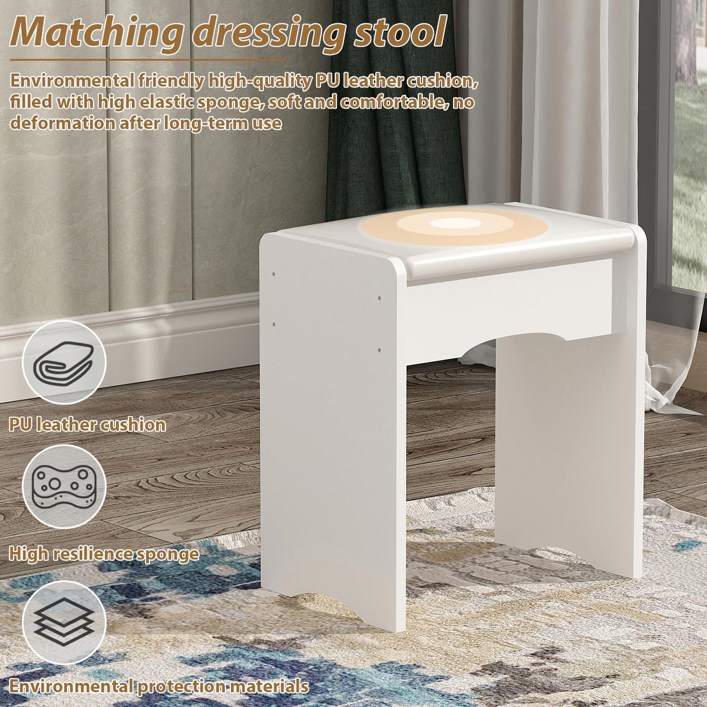 White dressing stool with a cushion on a wooden floor, surrounded by curtains.
