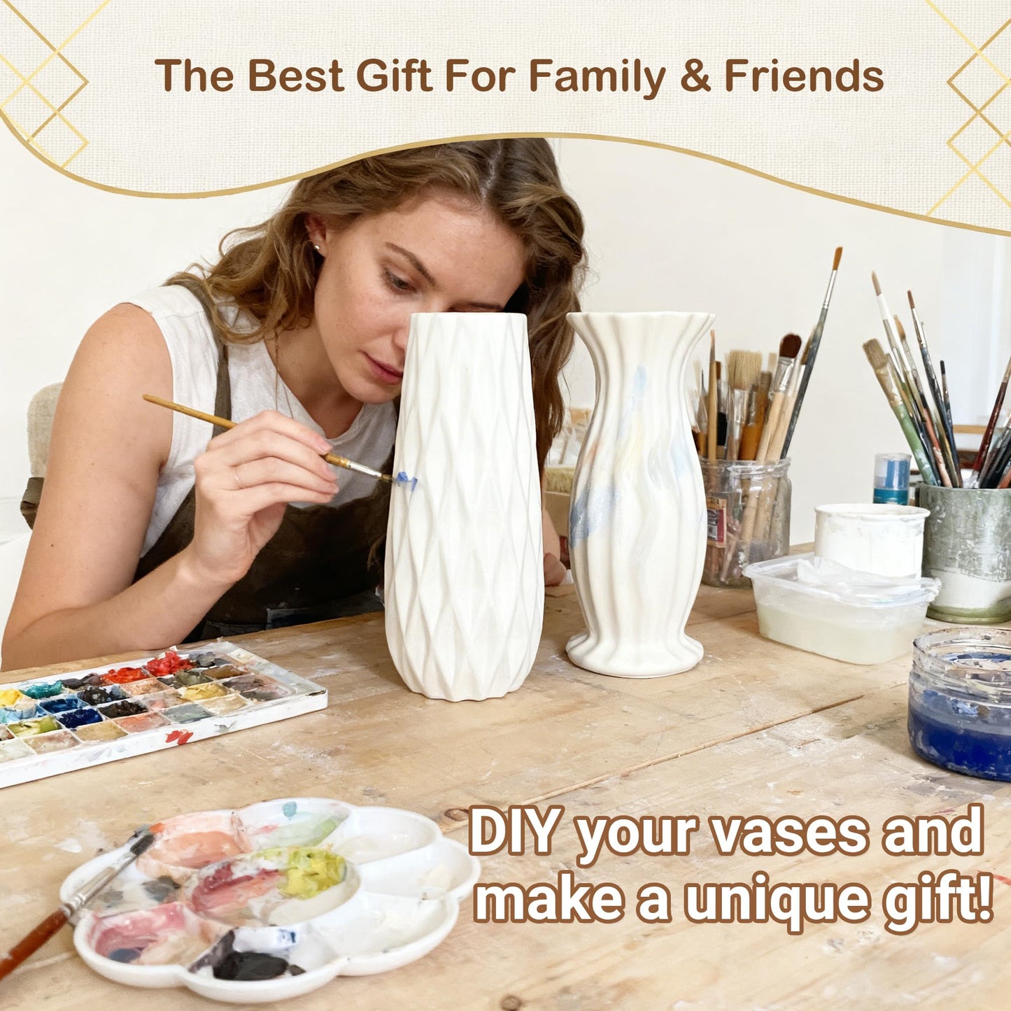 Woman painting a vase with art supplies on a table, text 'The Best Gift For Family & Friends' and 'DIY your vases and make a unique gift!'.