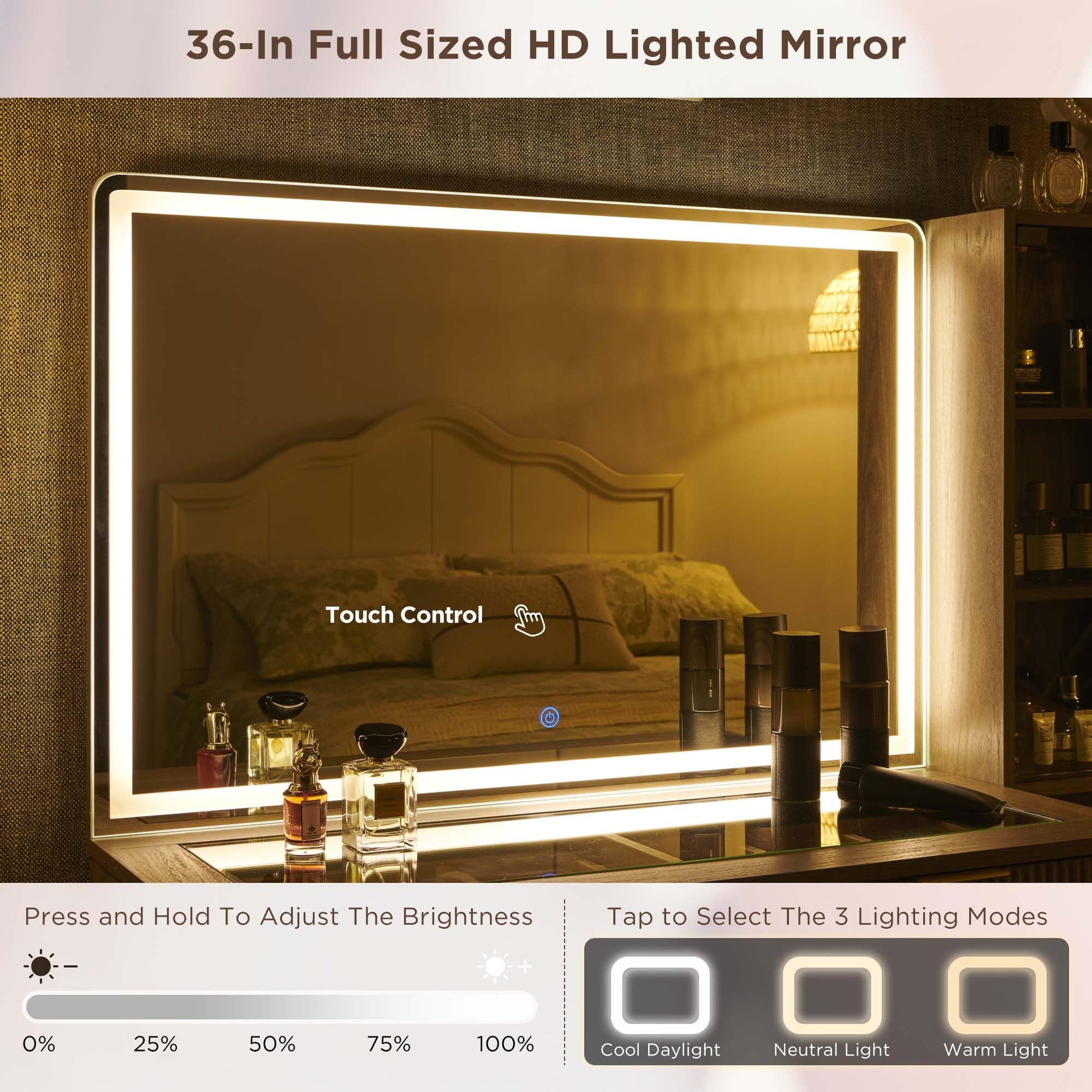 Cosmetic organizer with embedded tempered glass tabletop displaying various items.