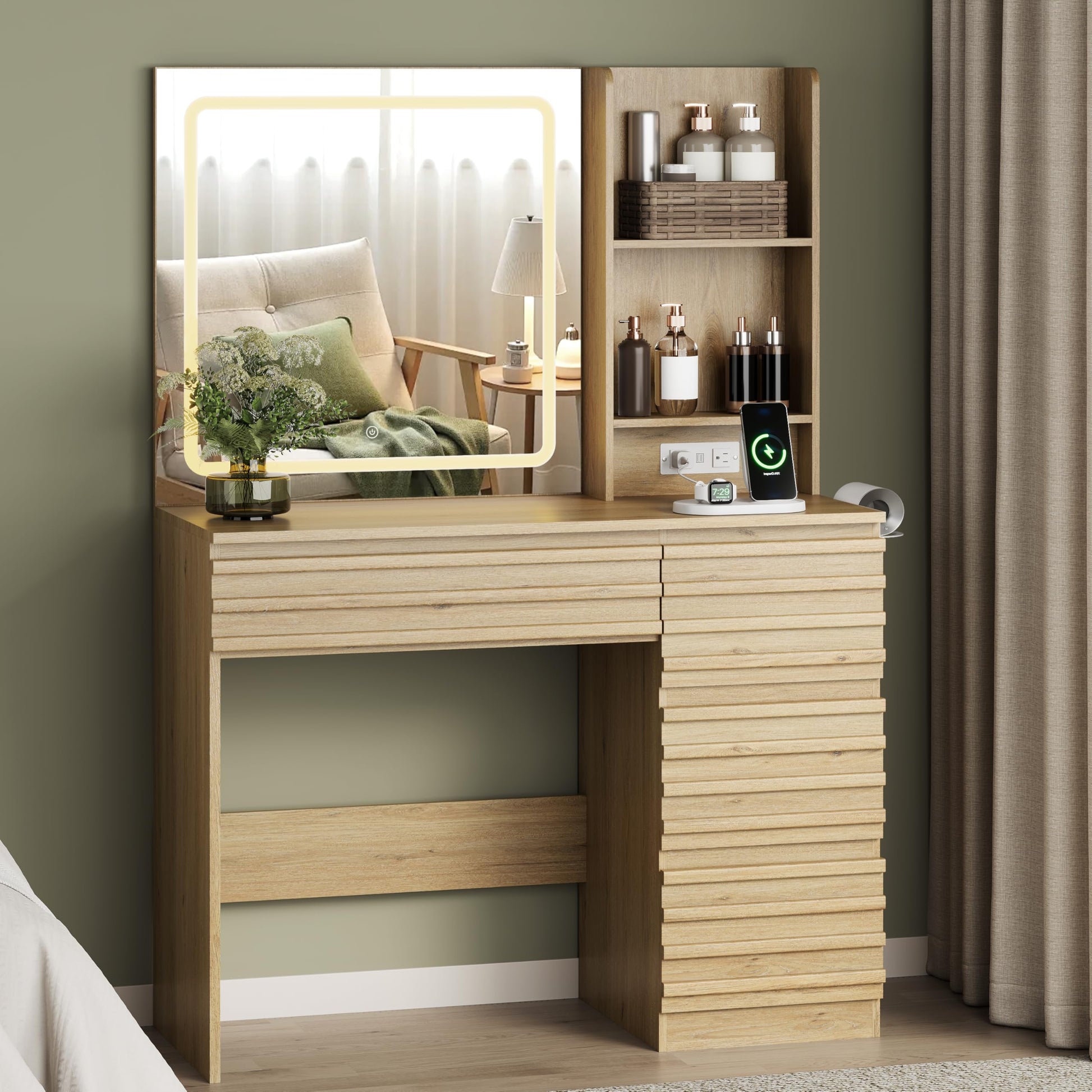 Wooden vanity with mirror and shelves in a room setting