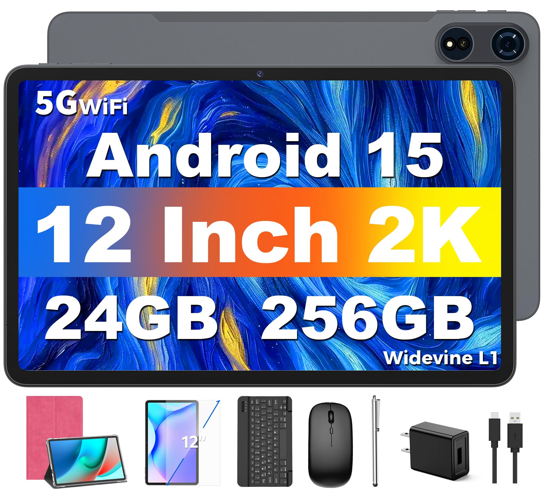 Android 15 Tablets 12 inch, 24GB（8+16）RAM+256 Storage(Expand to 1TB).