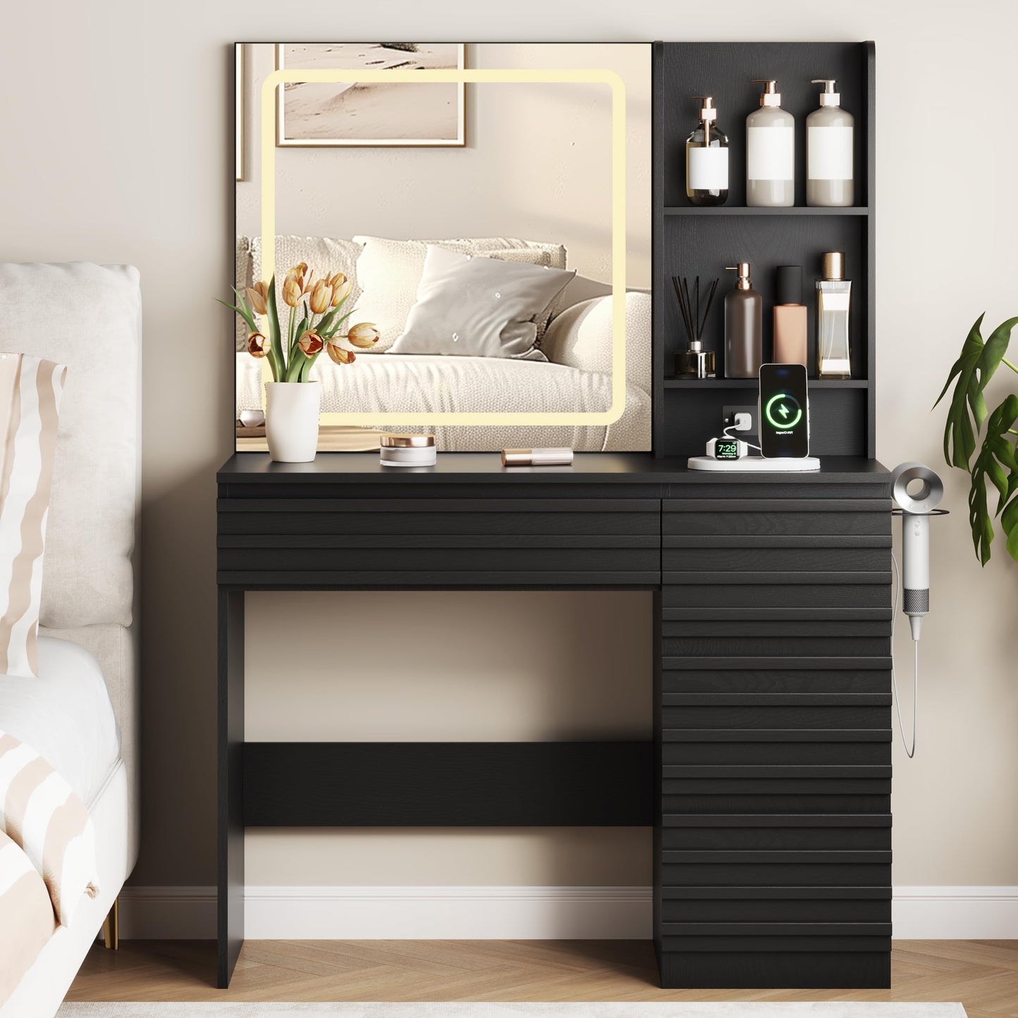 Black vanity desk with mirror and shelves in a bedroom setting