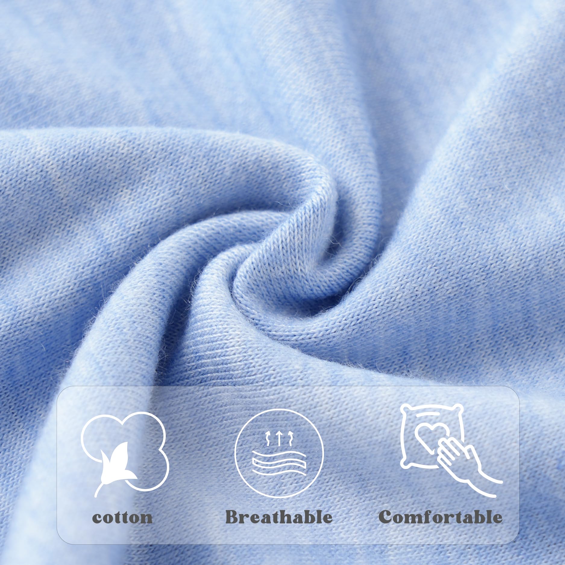 Close-up of blue fabric with icons indicating cotton, breathability, and comfort.