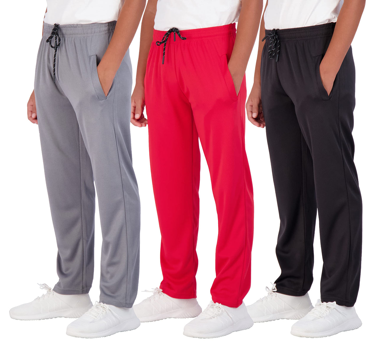 Real Essentials 3 Pack: Boys' Mesh Open Bottom Active Sweatpants with Pockets