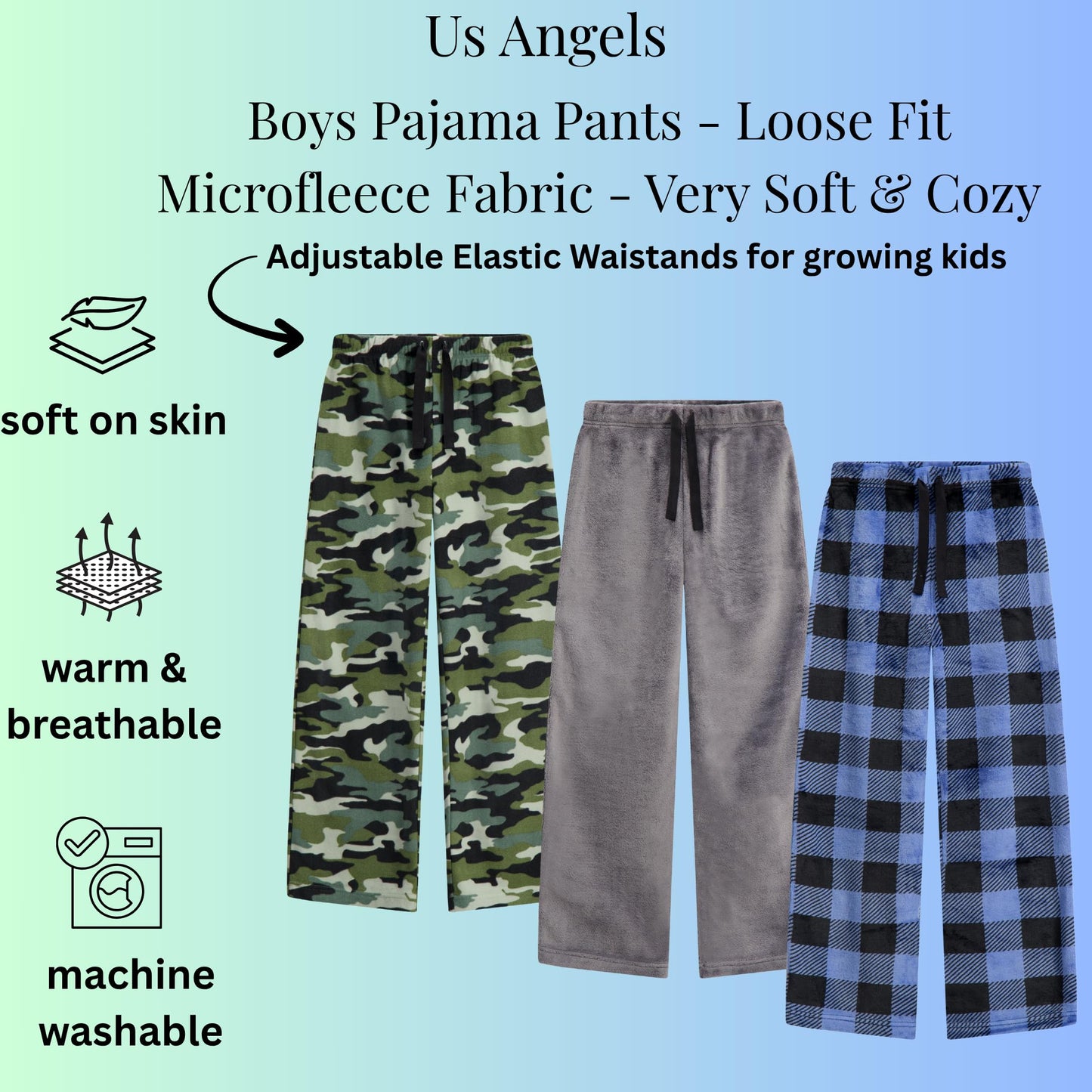 US Angels Boys Pajama Pants - 3 Pack, Boys' Sleepwear.