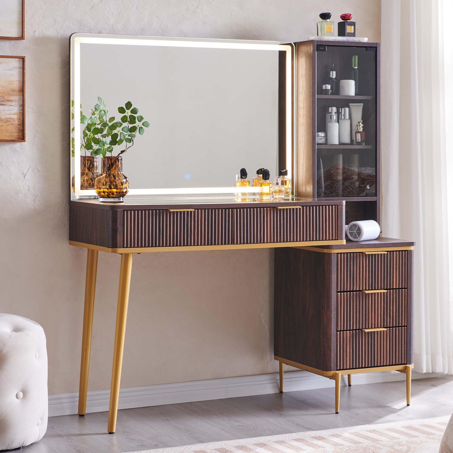 Cosmetic organizer with embedded tempered glass tabletop displaying various items.