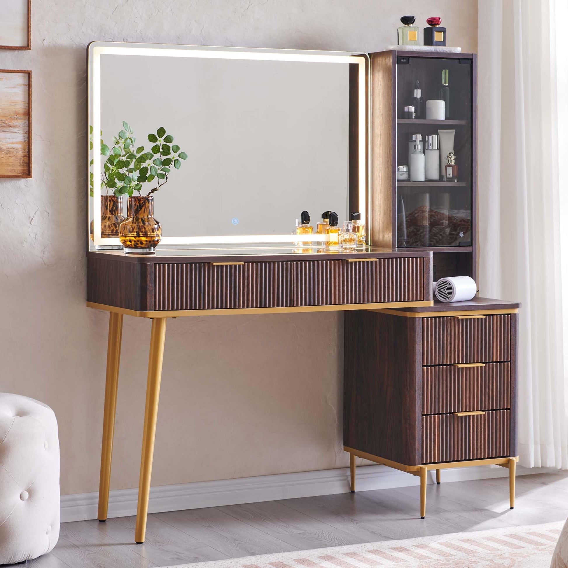 Cosmetic organizer with embedded tempered glass tabletop displaying various items.