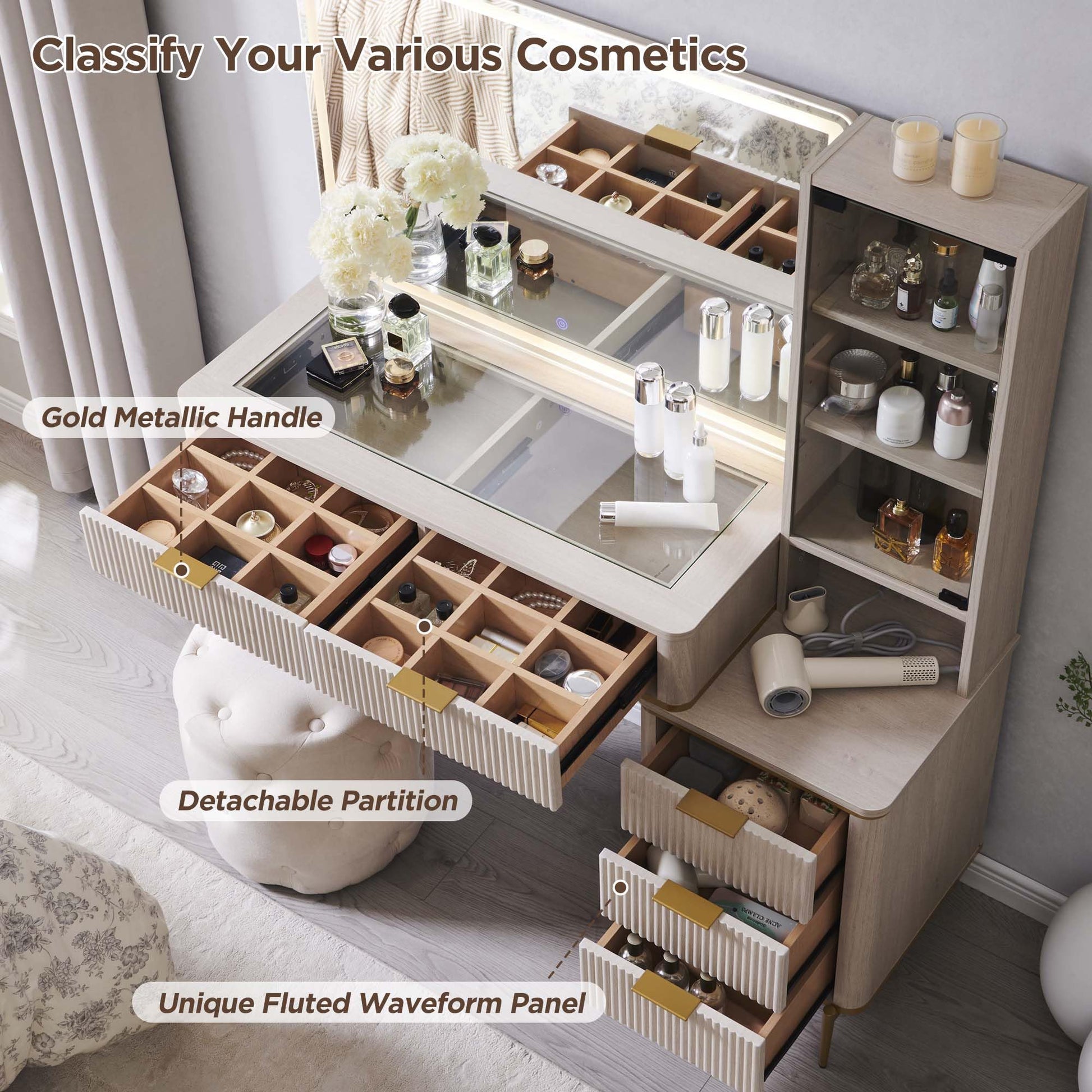 Cosmetic organizer with embedded tempered glass tabletop displaying various items.