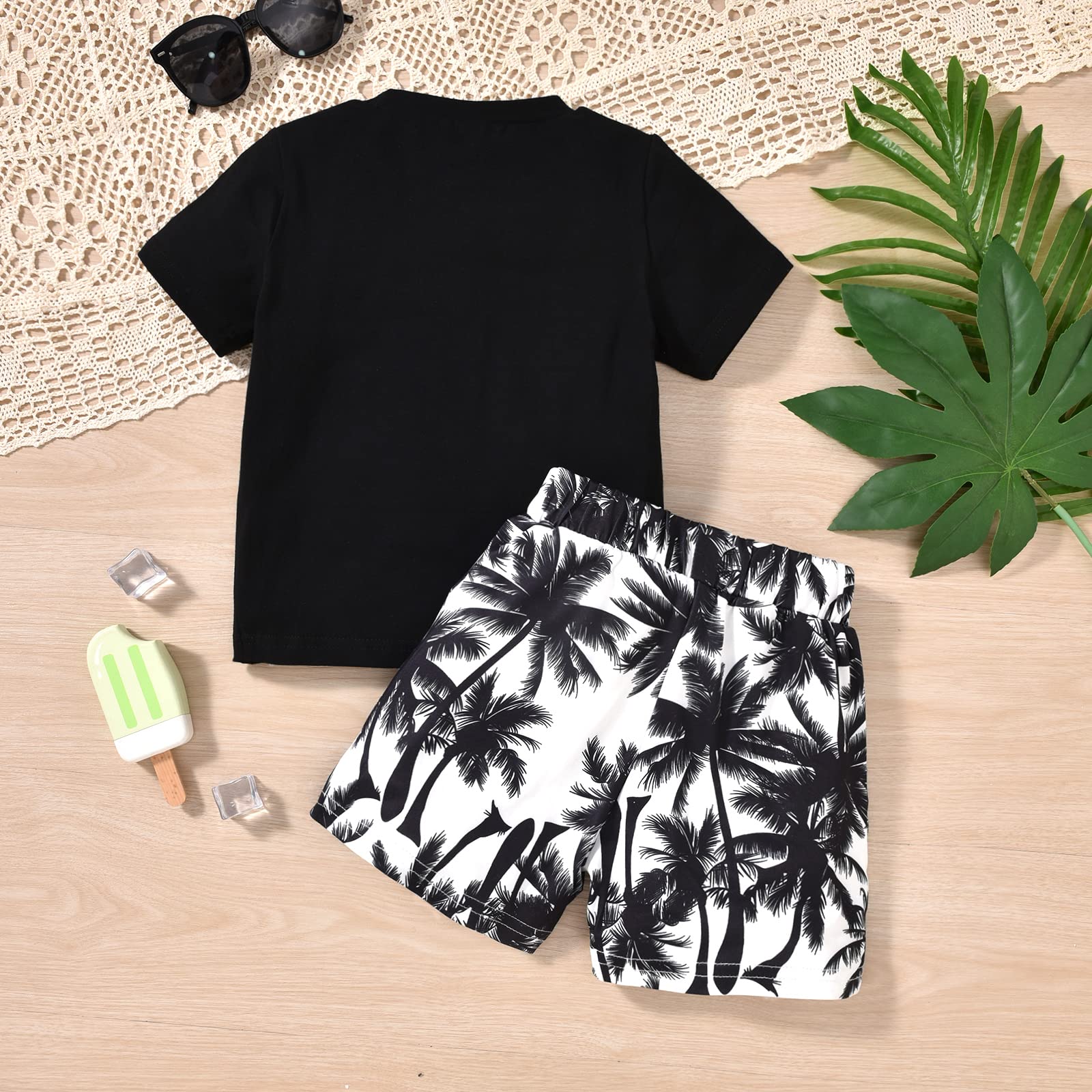fioukiay 4T Black Toddler Boys Sring Summer Shorts Set Boys Letter Printed Palm Leaf Clothes Outfit
