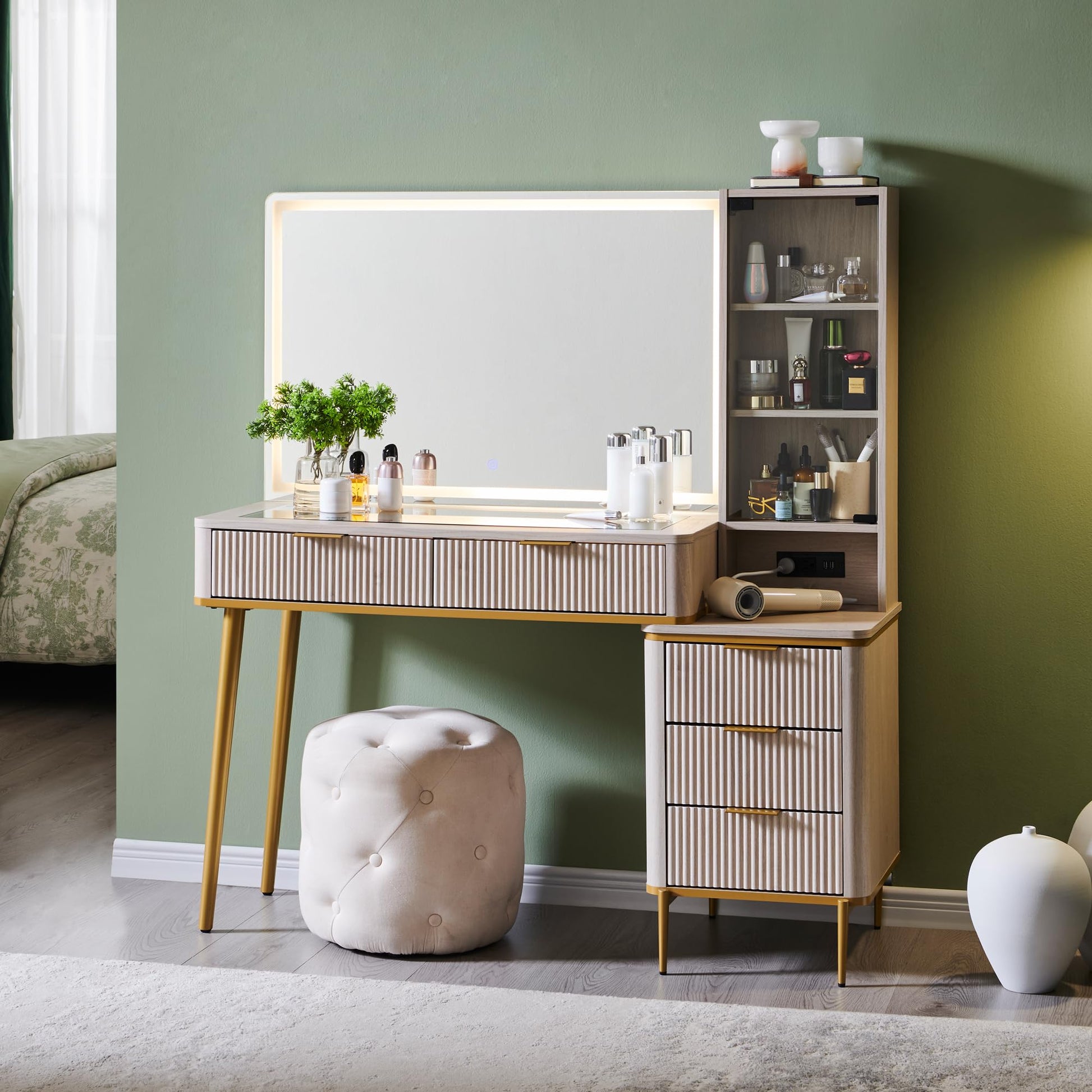 Cosmetic organizer with embedded tempered glass tabletop displaying various items.