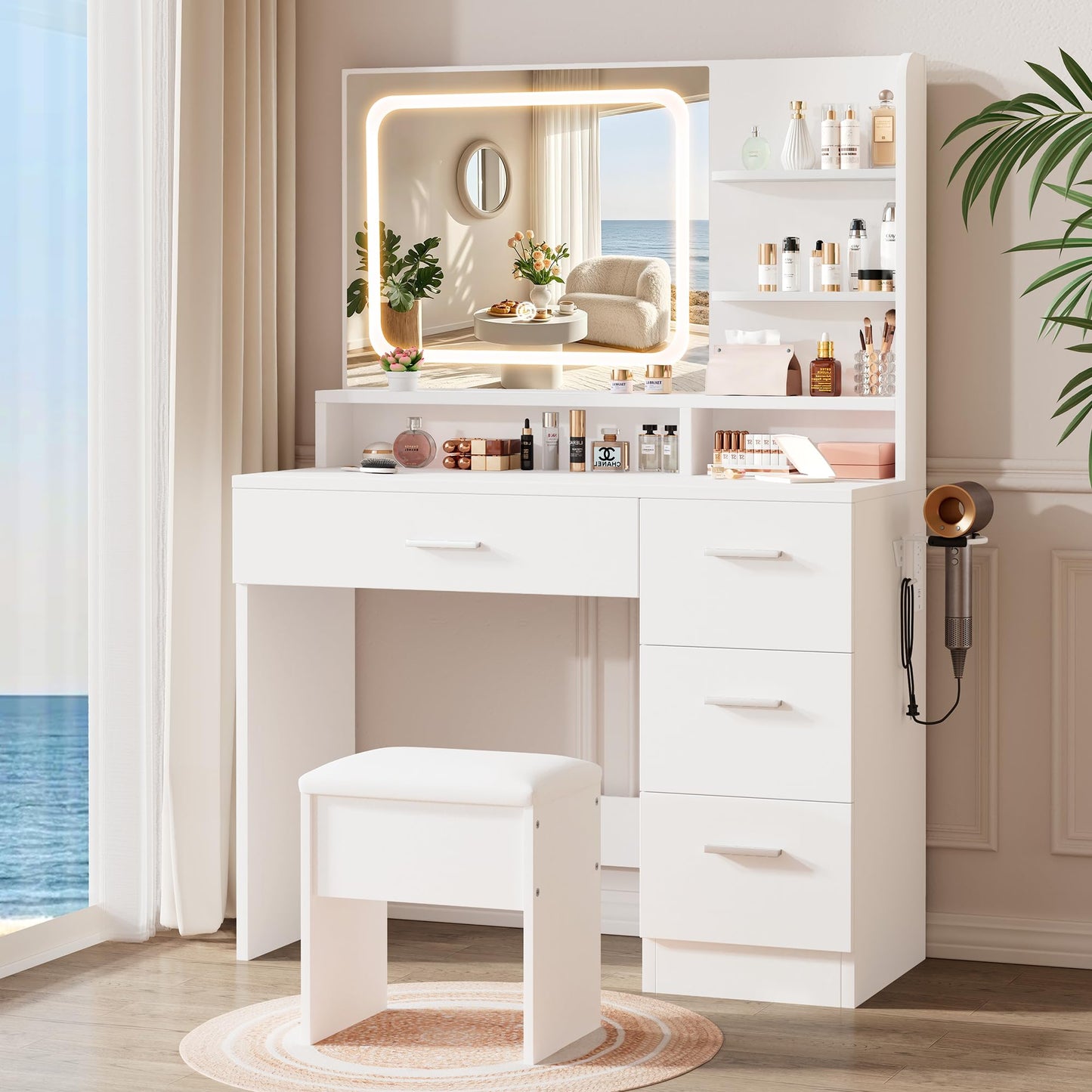 White vanity desk with mirror and makeup products in a bright room.