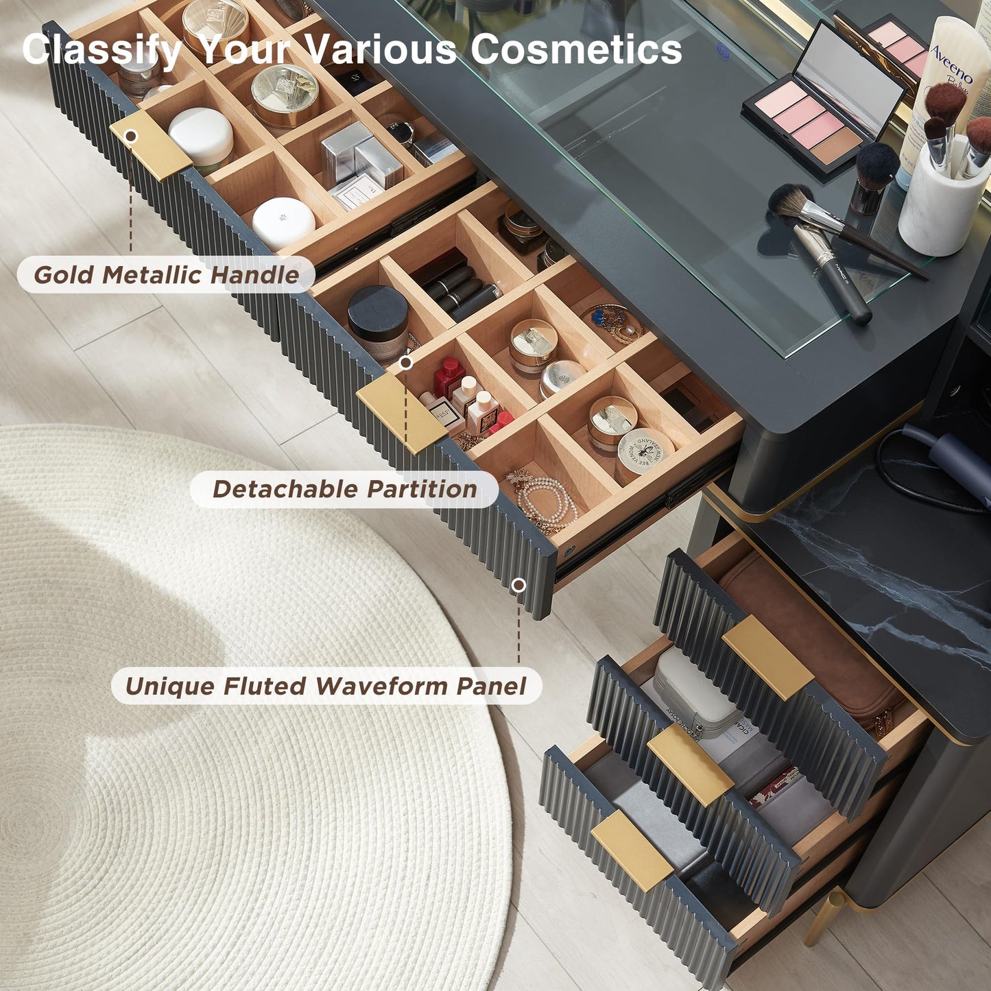 Cosmetic organizer with embedded tempered glass tabletop displaying various items.