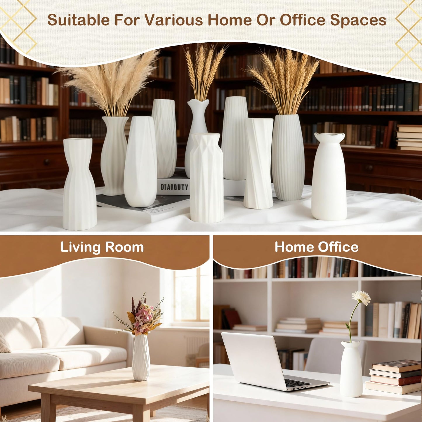 White marble vases with dried plants in a living room and home office setting.