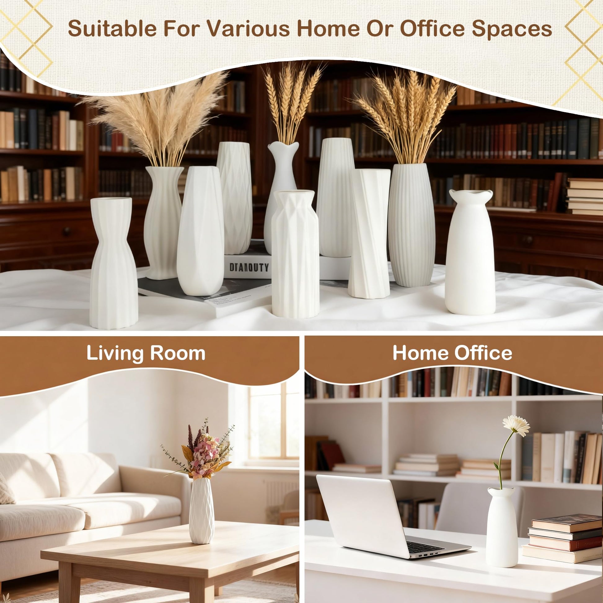 White marble vases with dried plants in a living room and home office setting.