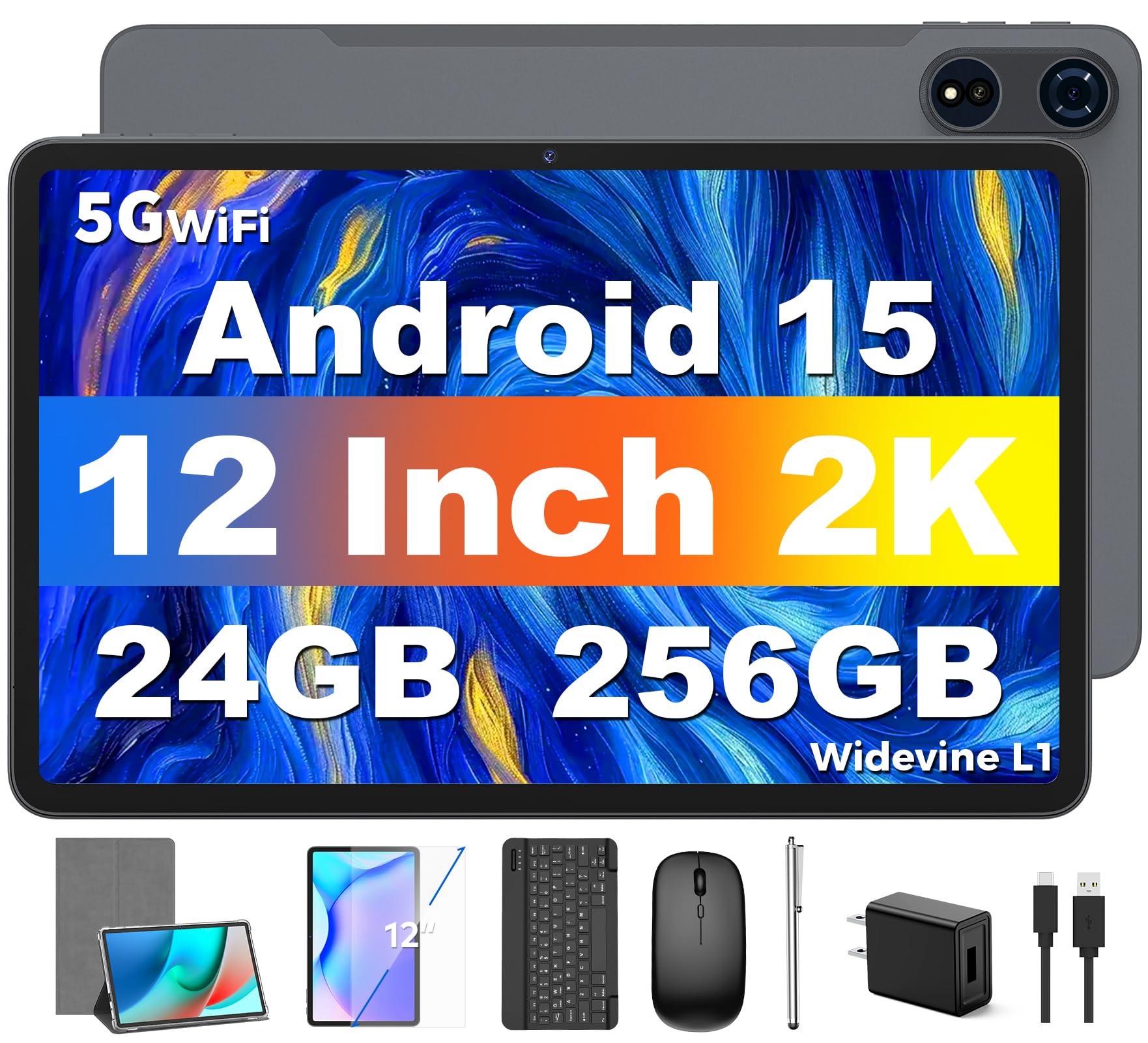Android 15 Tablets 12 inch, 24GB（8+16）RAM+256 Storage(Expand to 1TB).