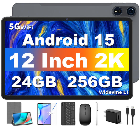 Android 15 Tablets 12 inch, 24GB（8+16）RAM+256 Storage(Expand to 1TB).