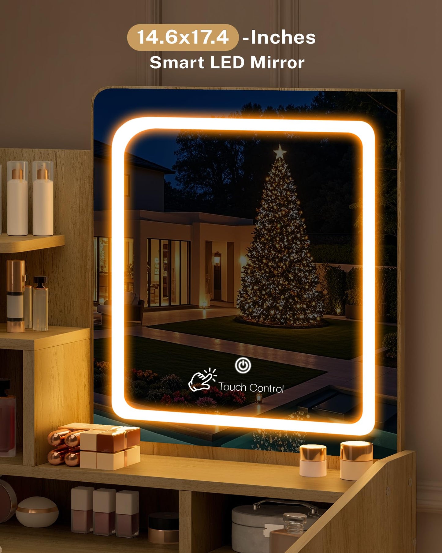 Smart LED mirror with touch control on a vanity setup, displaying a Christmas tree outside.