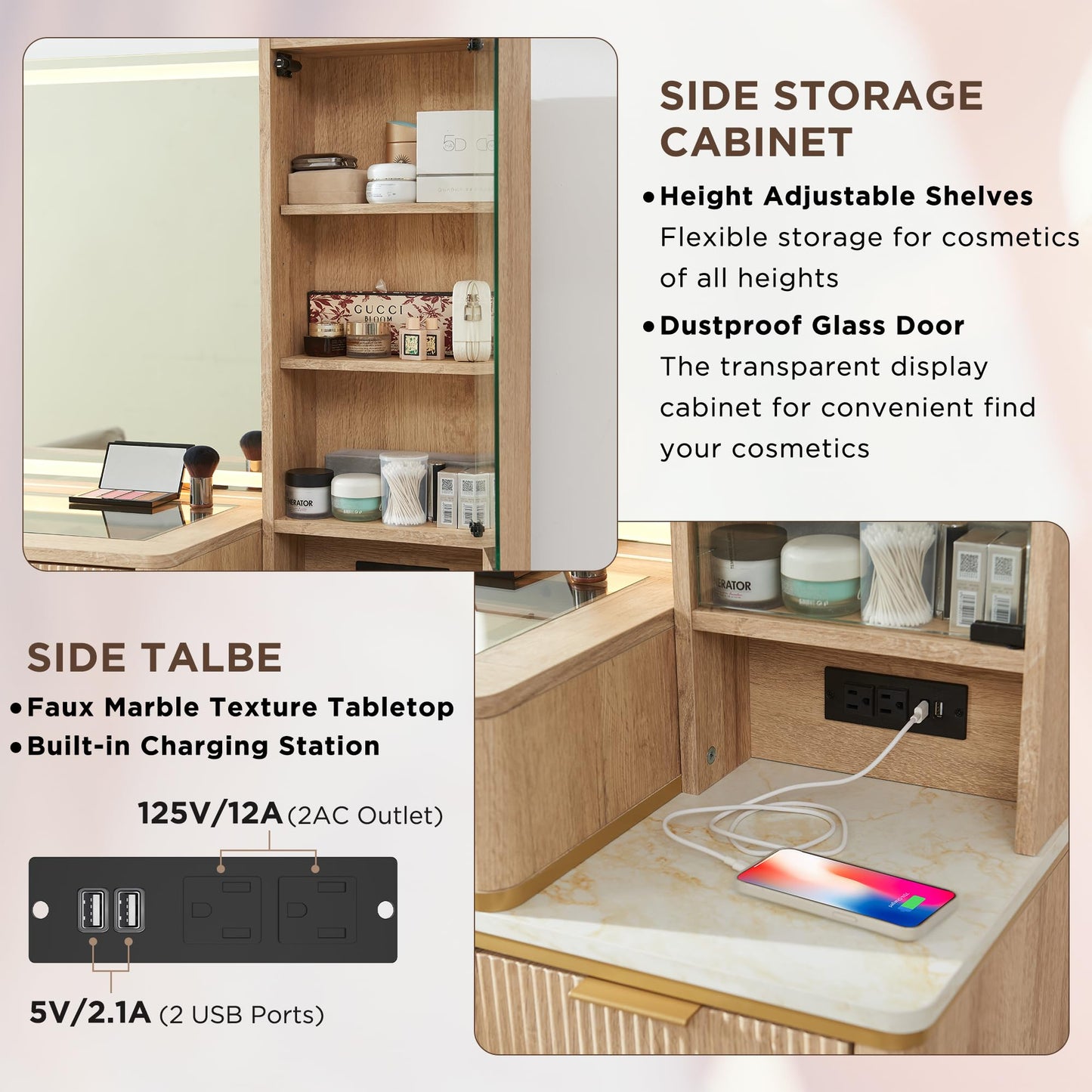 Cosmetic organizer with embedded tempered glass tabletop displaying various items.