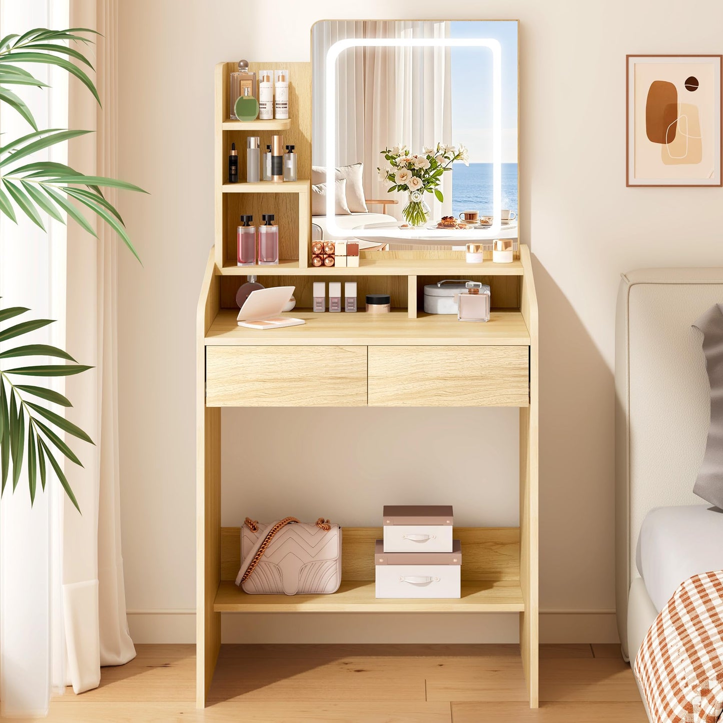 Wooden vanity table with mirror and shelves in a bedroom setting