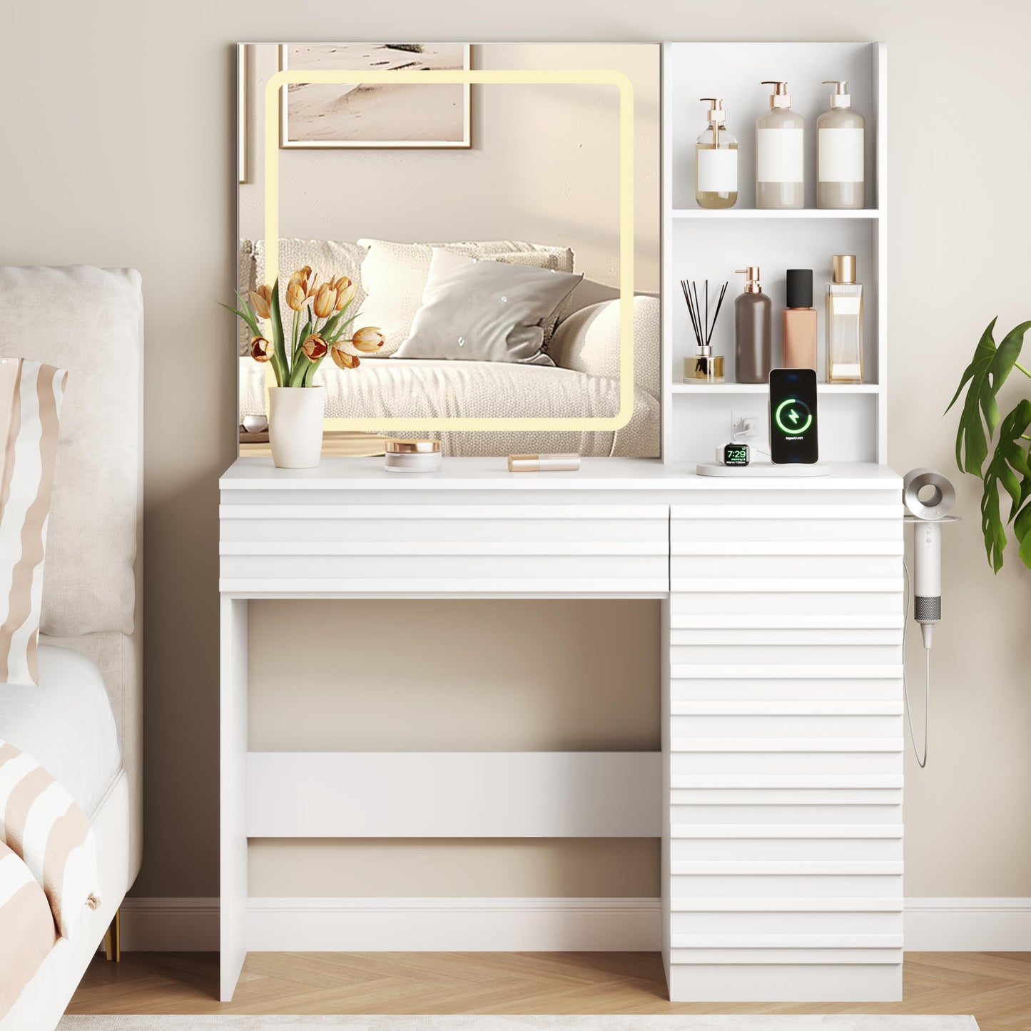 White vanity with mirror and shelves in a bedroom setting