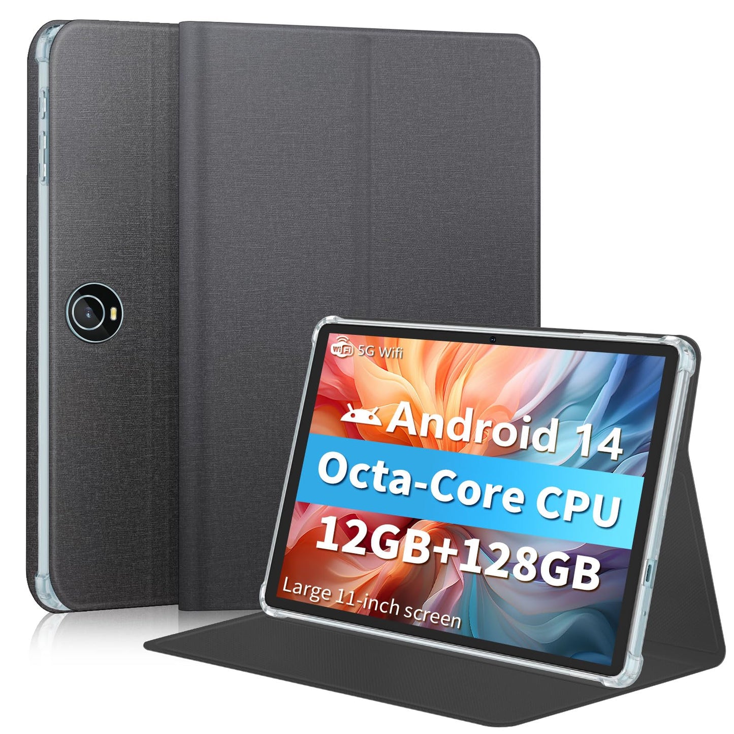 11 Inch Tablet Android 14 Tablets, 2024 New GMS Certified, Octa Core Tablet PC with Keyboard/Mouse/Case12GB RAM 128GB ROM 1TB Expand, 8000mAh, Fast Charging, 5GWiFi, BT5.0, FM, GPS (Black)