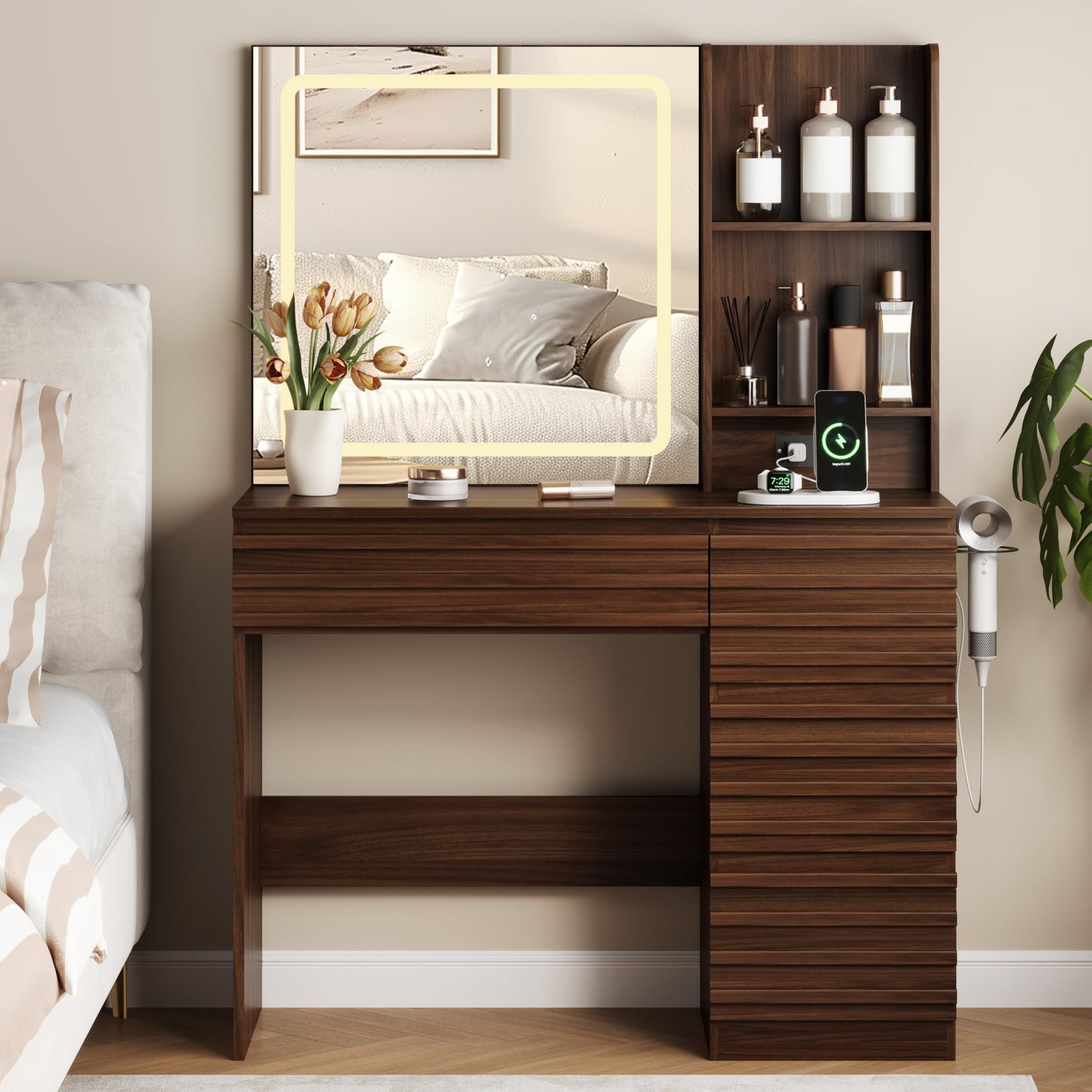 Wooden vanity with mirror and various items in a bedroom setting