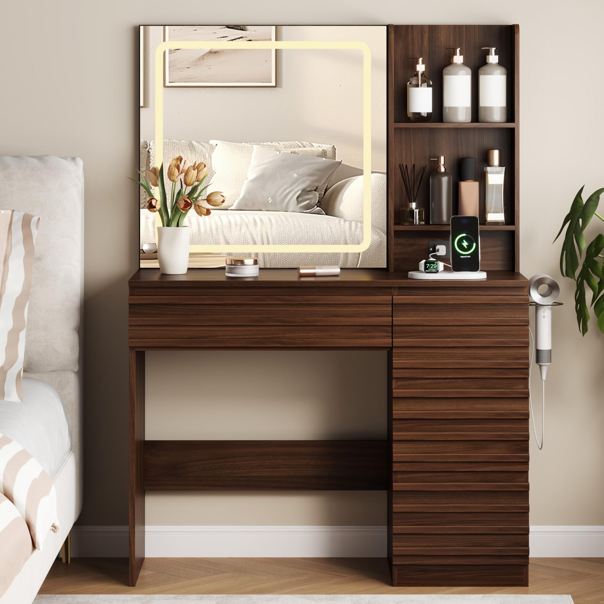 Wooden vanity with mirror and various items in a bedroom setting