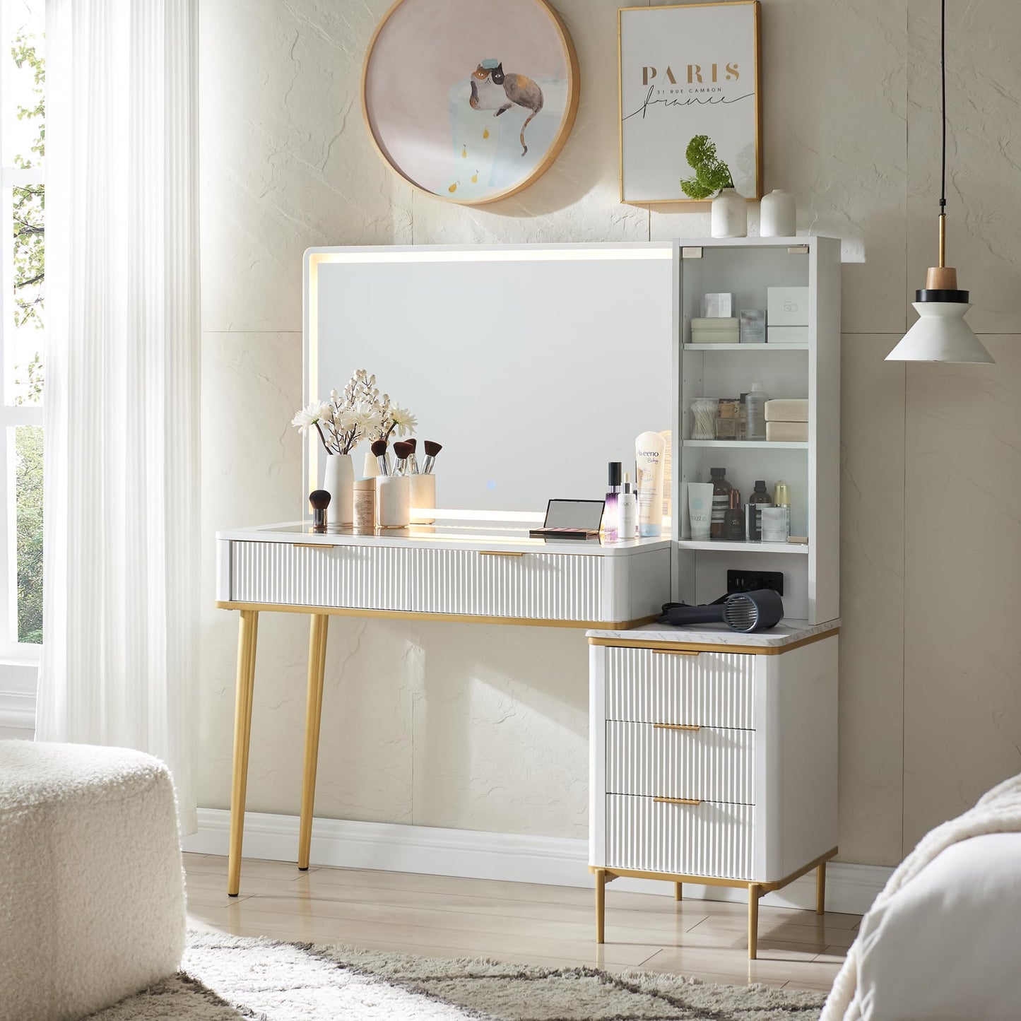 Modern vanity with mirror and shelves in a well-lit room