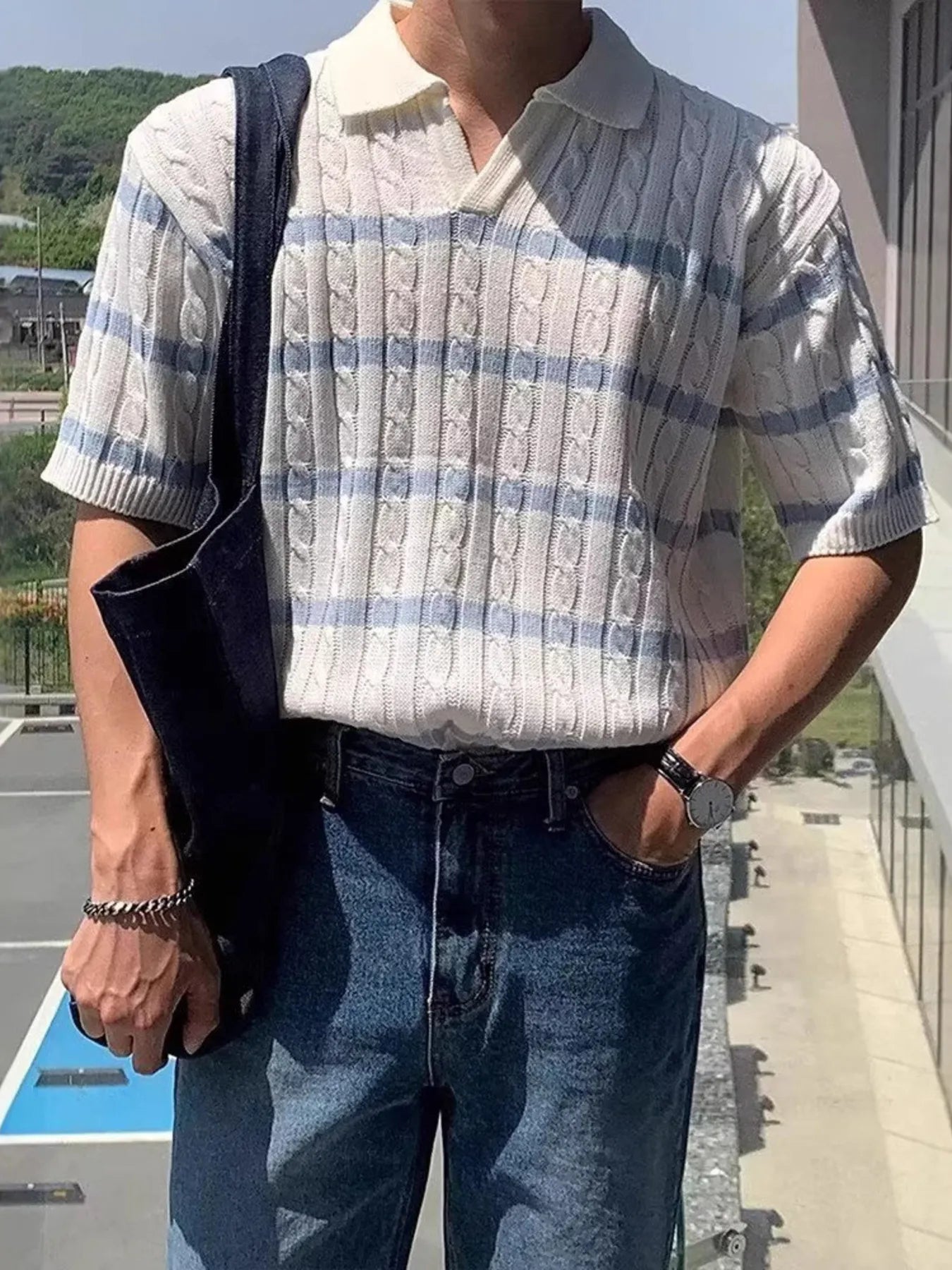 Men's Full Size Striped Short Sleeve Polo Plus Size