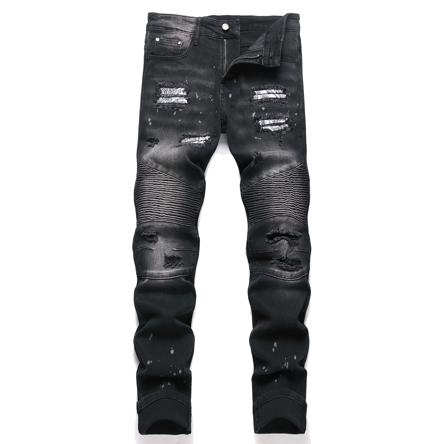 AITITIA Men's Biker Zipper Deco Washed Straight Fit Jeans (40, 002 Light Blue)