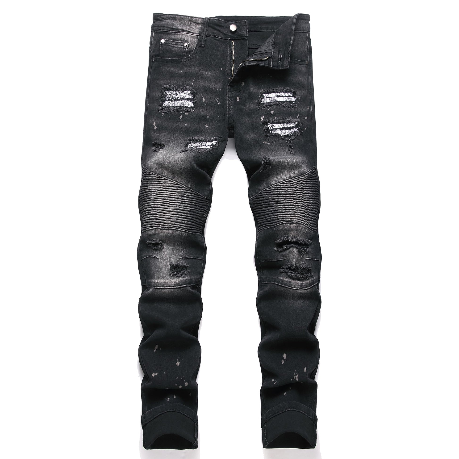 AITITIA Men's Biker Zipper Deco Washed Straight Fit Jeans (40, 002 Light Blue)