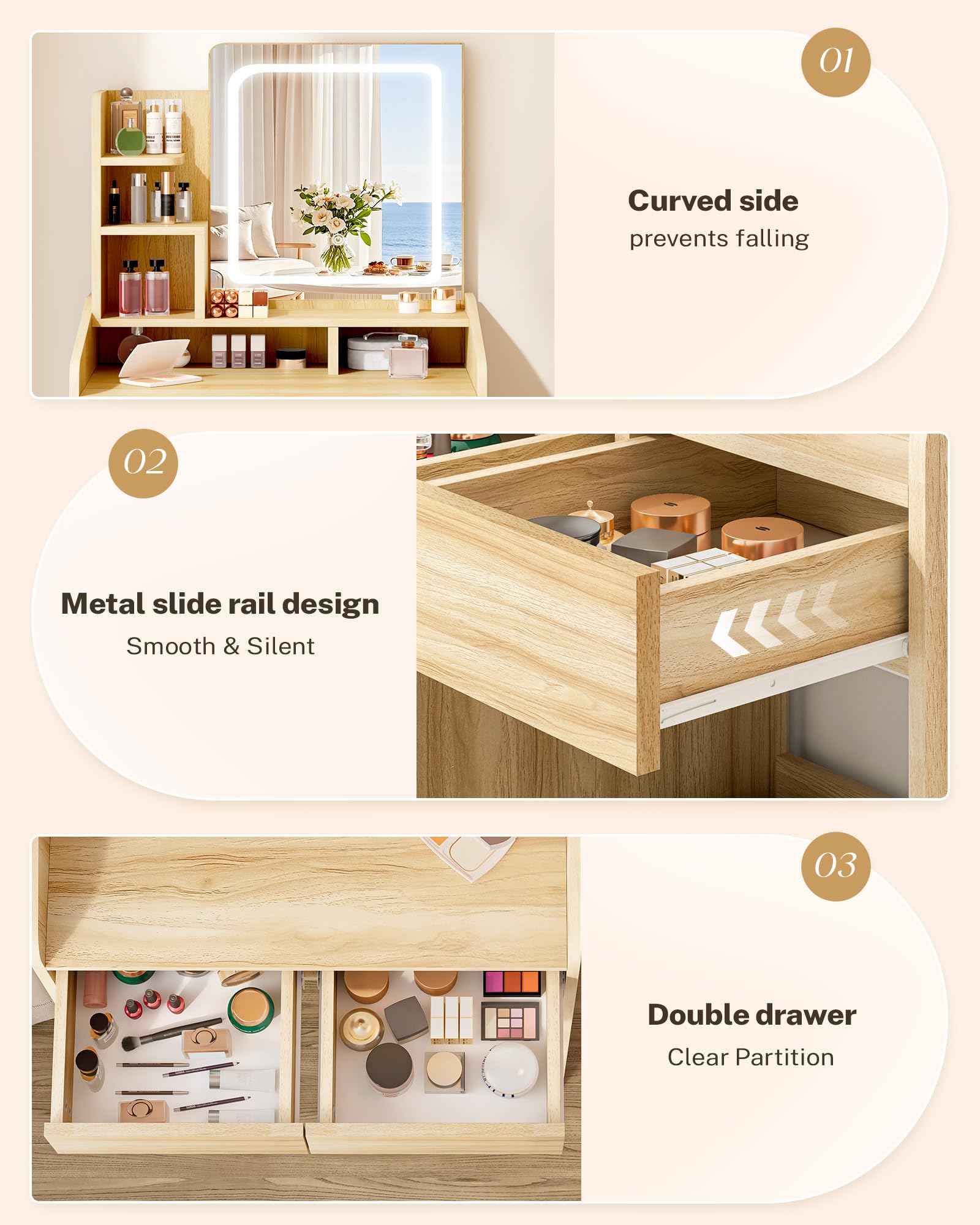 Wooden vanity with curved side, metal slide rail design, and double drawer with clear partition.