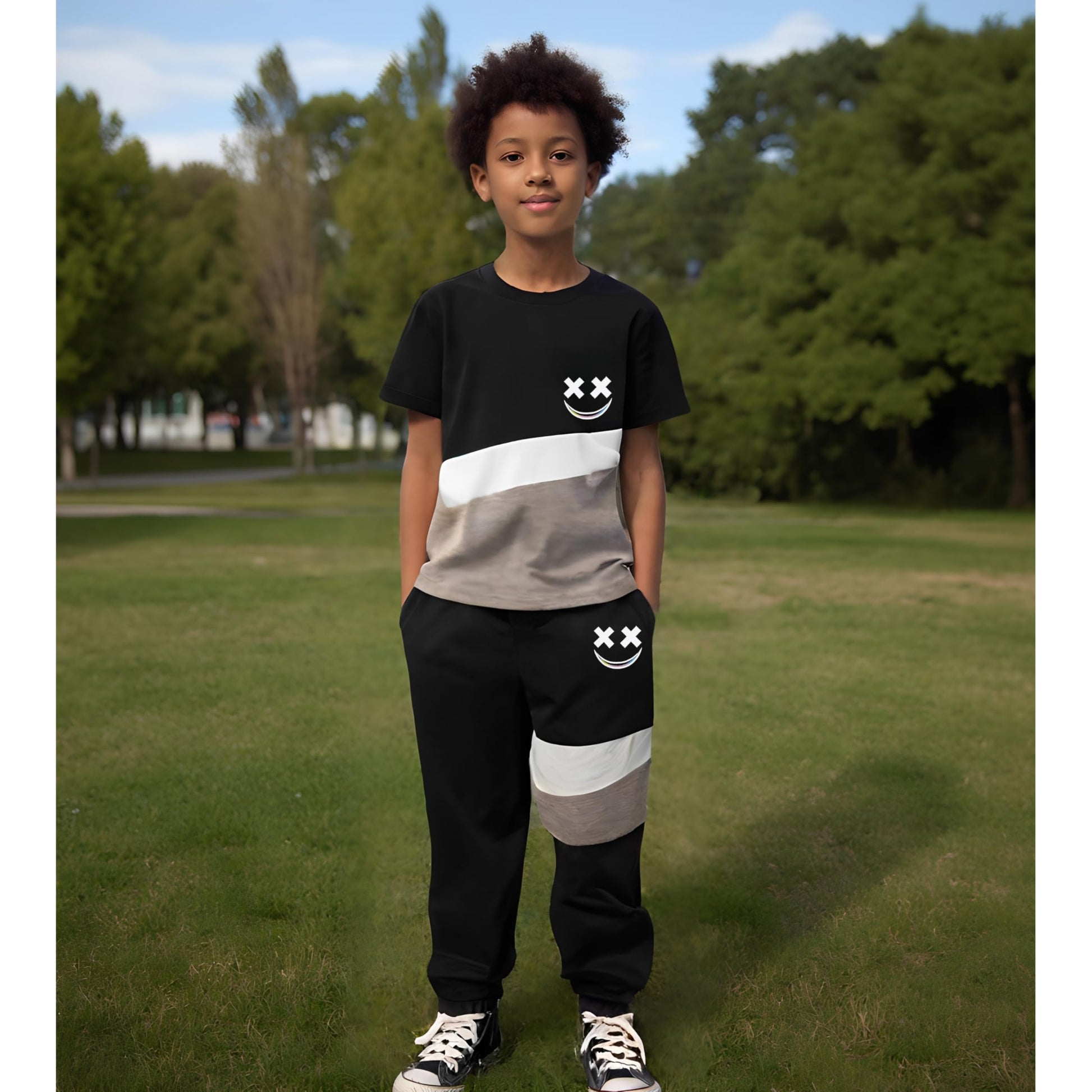 Child wearing a black and gray outfit with smiley face designs outdoors.