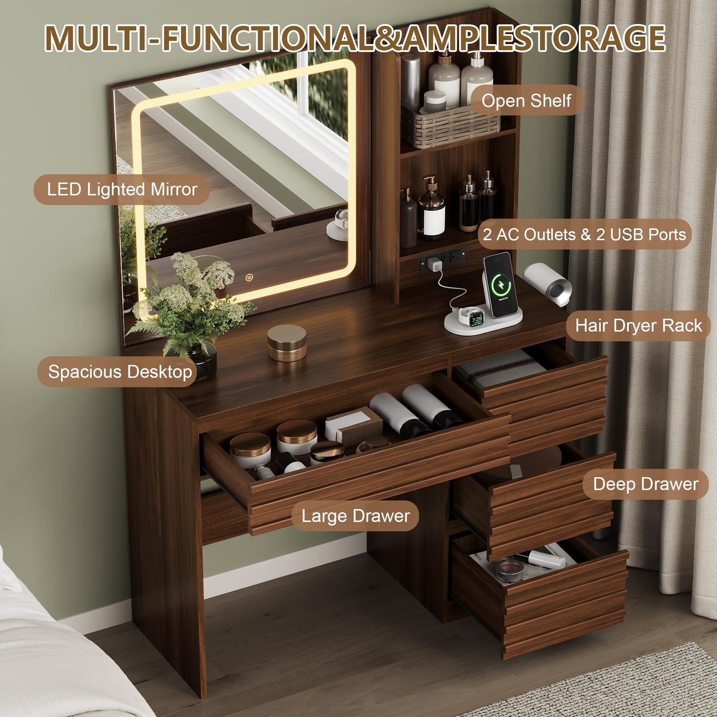 Wooden vanity with LED lighted mirror, multiple drawers, and various compartments in a room setting.