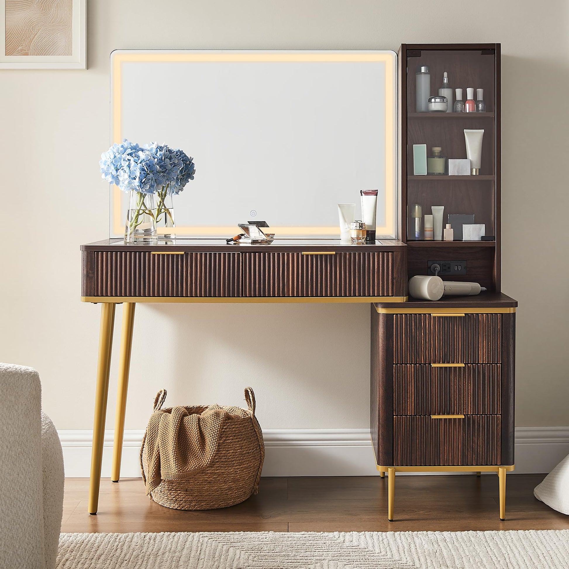 Cosmetic organizer with embedded tempered glass tabletop displaying various items.