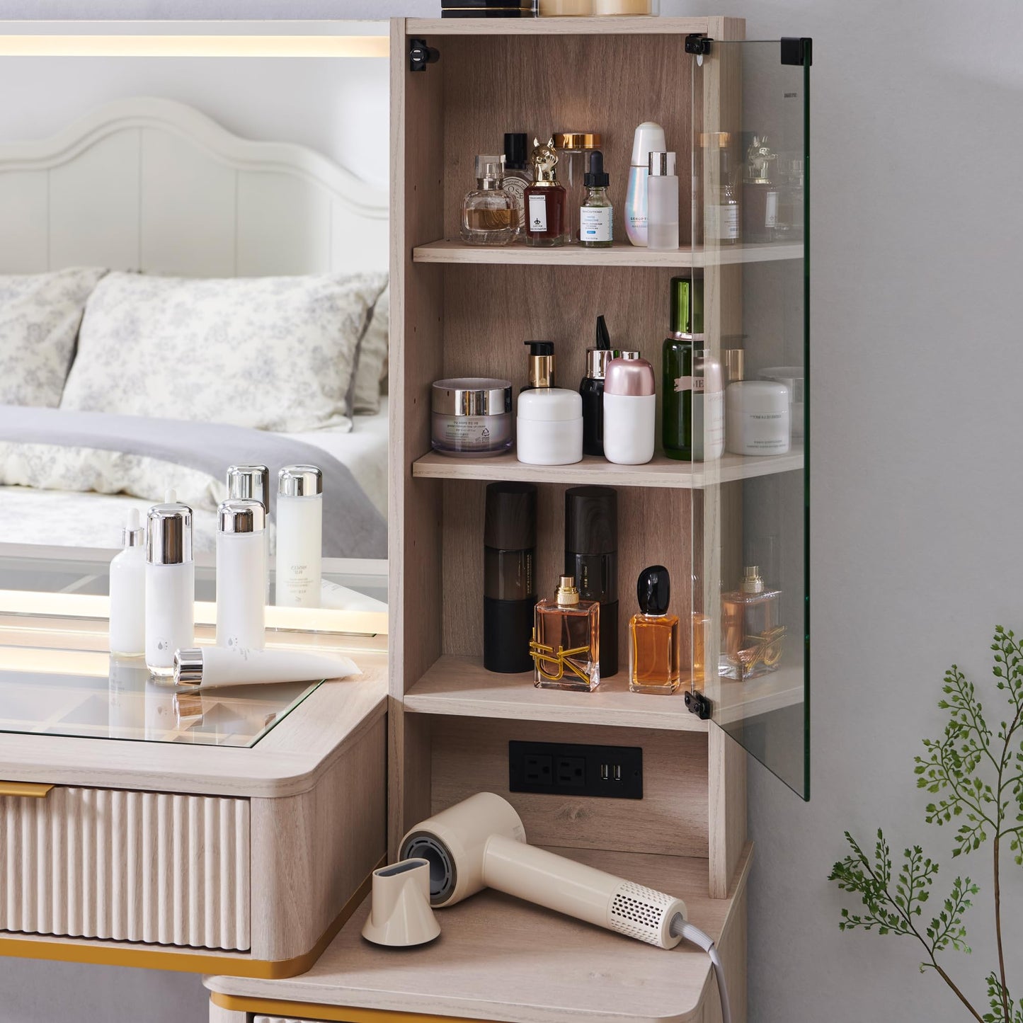 Cosmetic organizer with embedded tempered glass tabletop displaying various items.