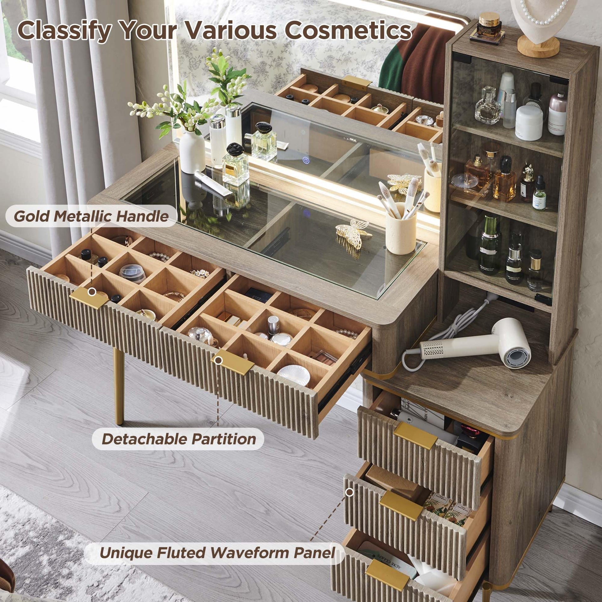 Cosmetic organizer with embedded tempered glass tabletop displaying various items.