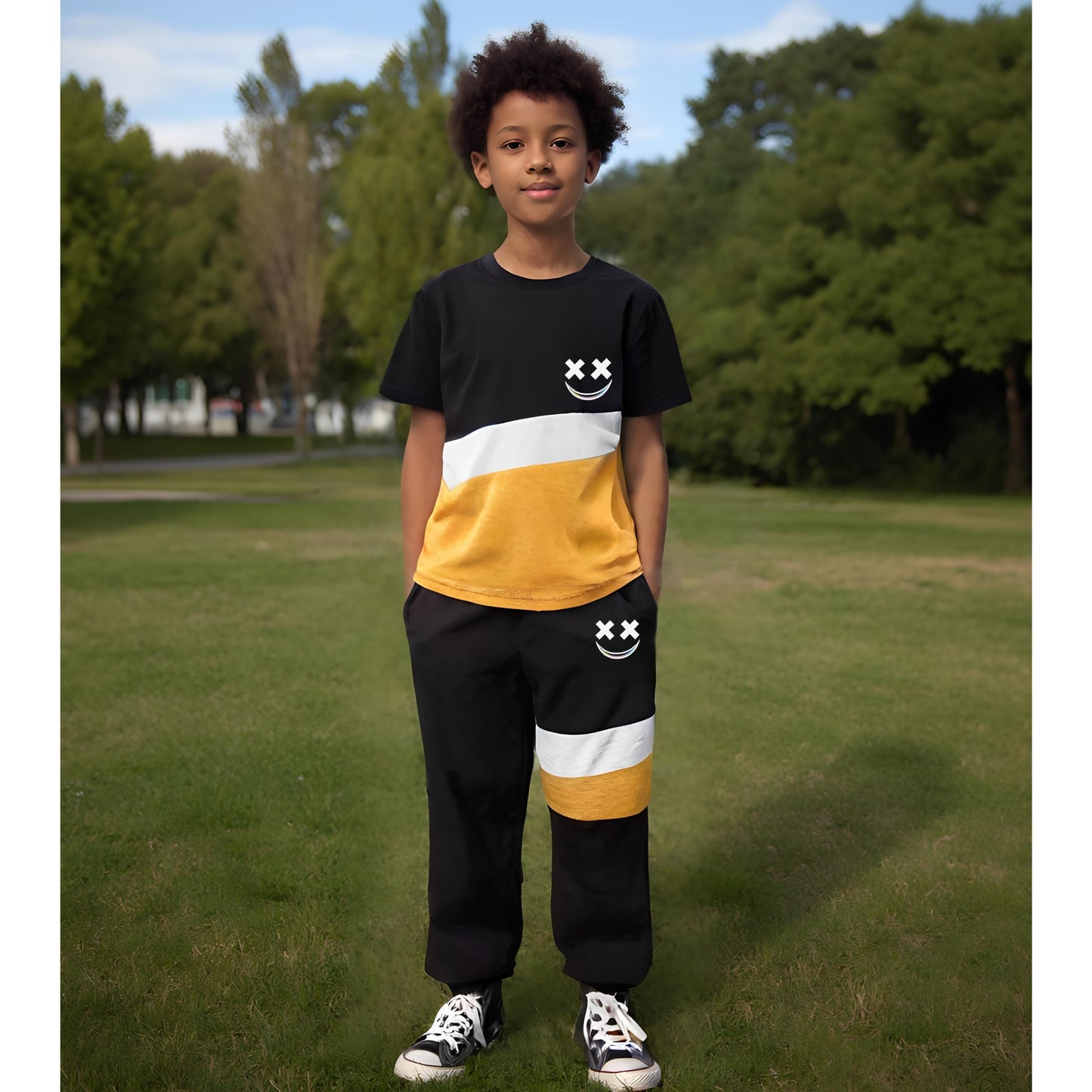 Child wearing a black, yellow, and white outfit with smiley face designs outdoors.