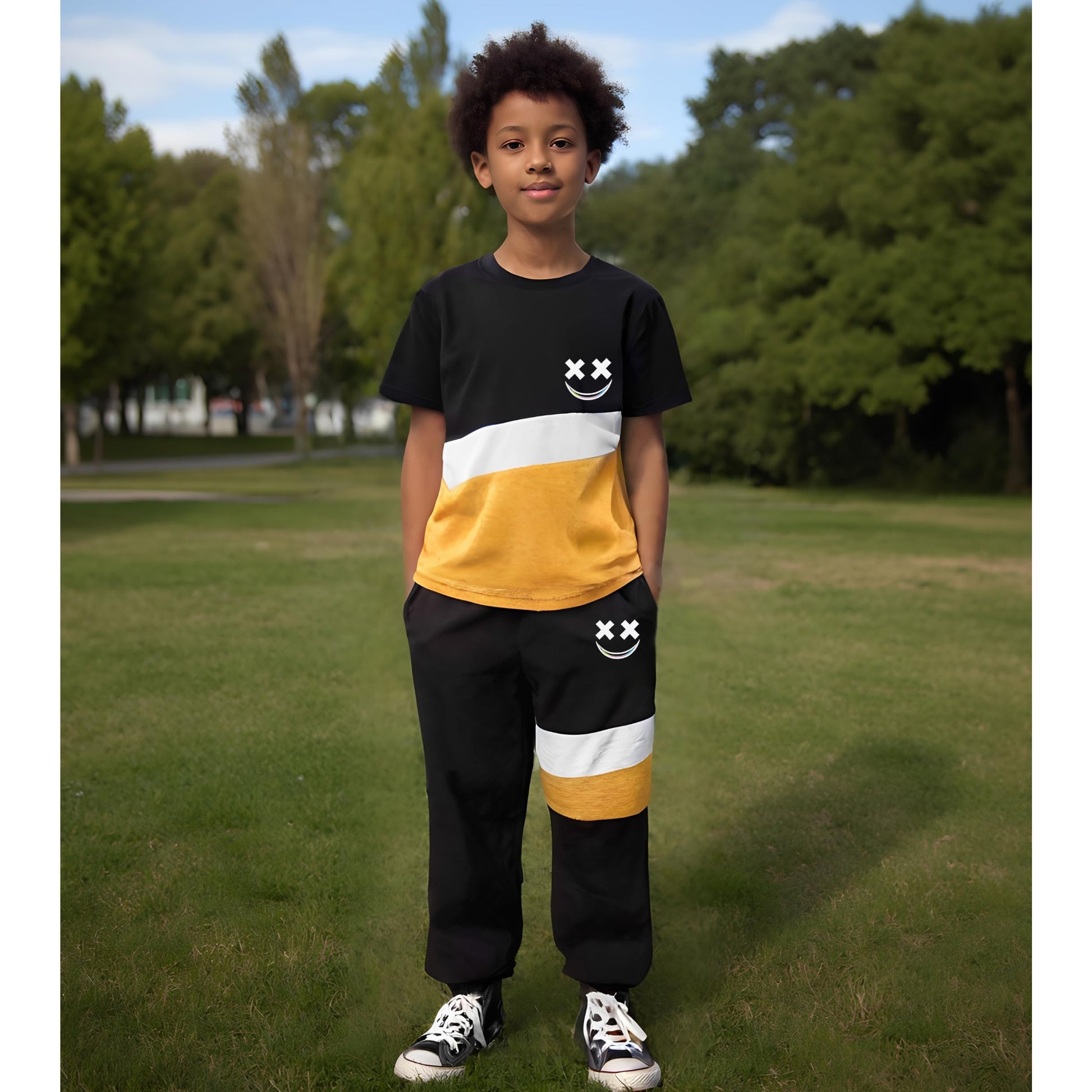 Child wearing a black, yellow, and white outfit with smiley face designs outdoors.
